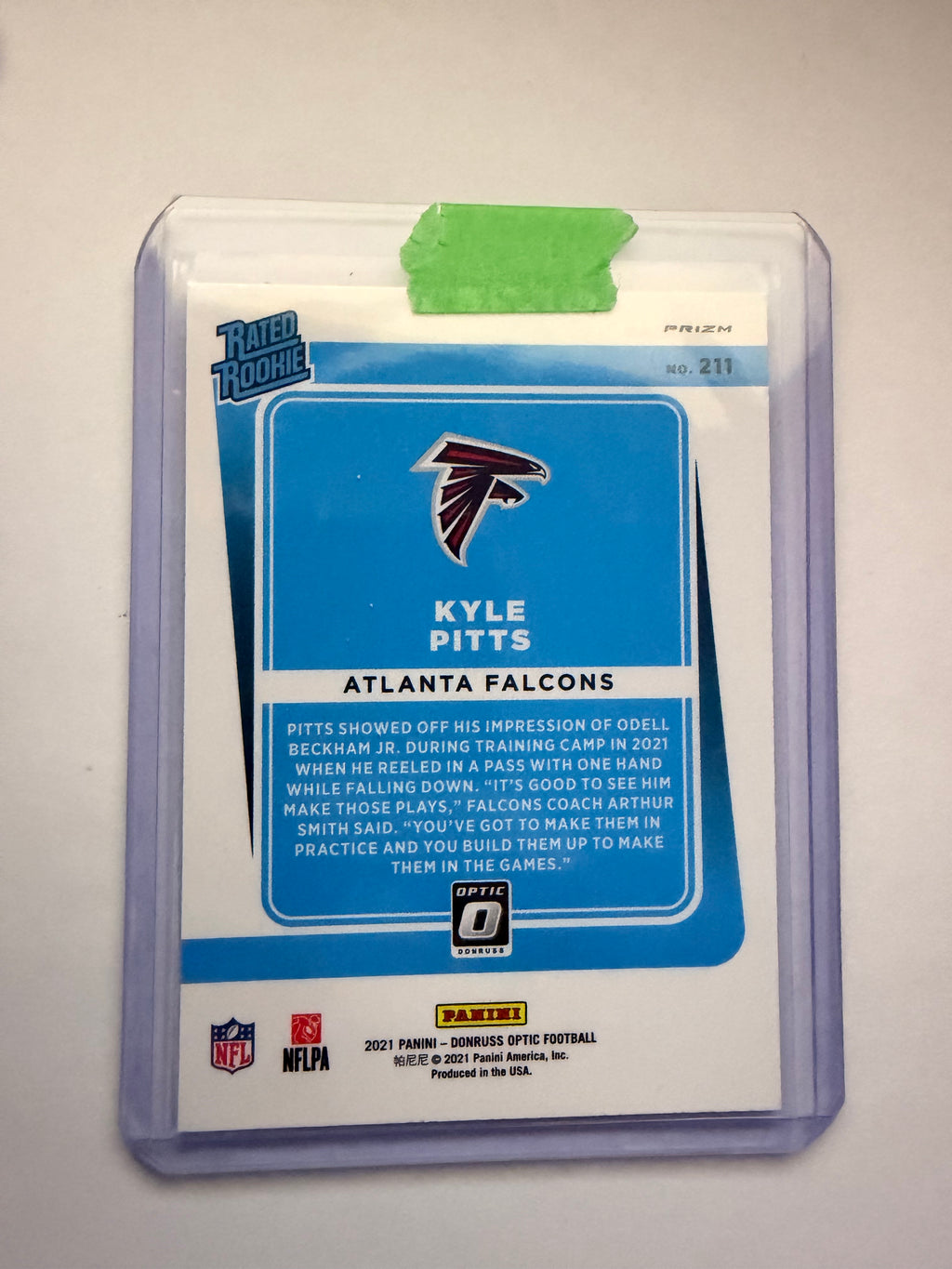 Kyle Pitts 2021 Donruss Optic Rated Rookie Purple Prizm – Atlanta Falcons. Rookie parallel with strong TE upside.
