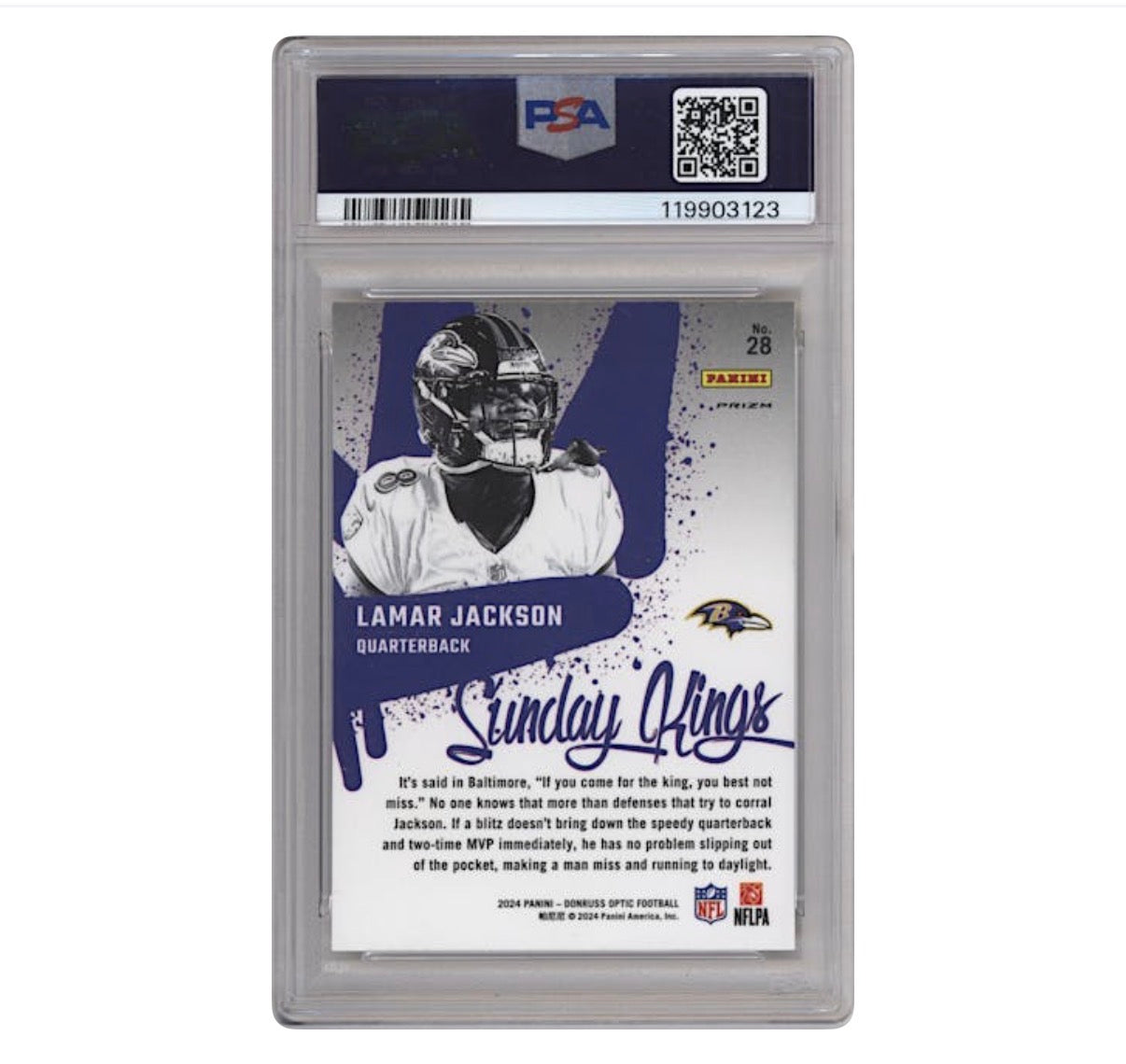 Lamar Jackson – 2024 Donruss Optic Sunday Kings – #28 – PSA 10 GEM MINT