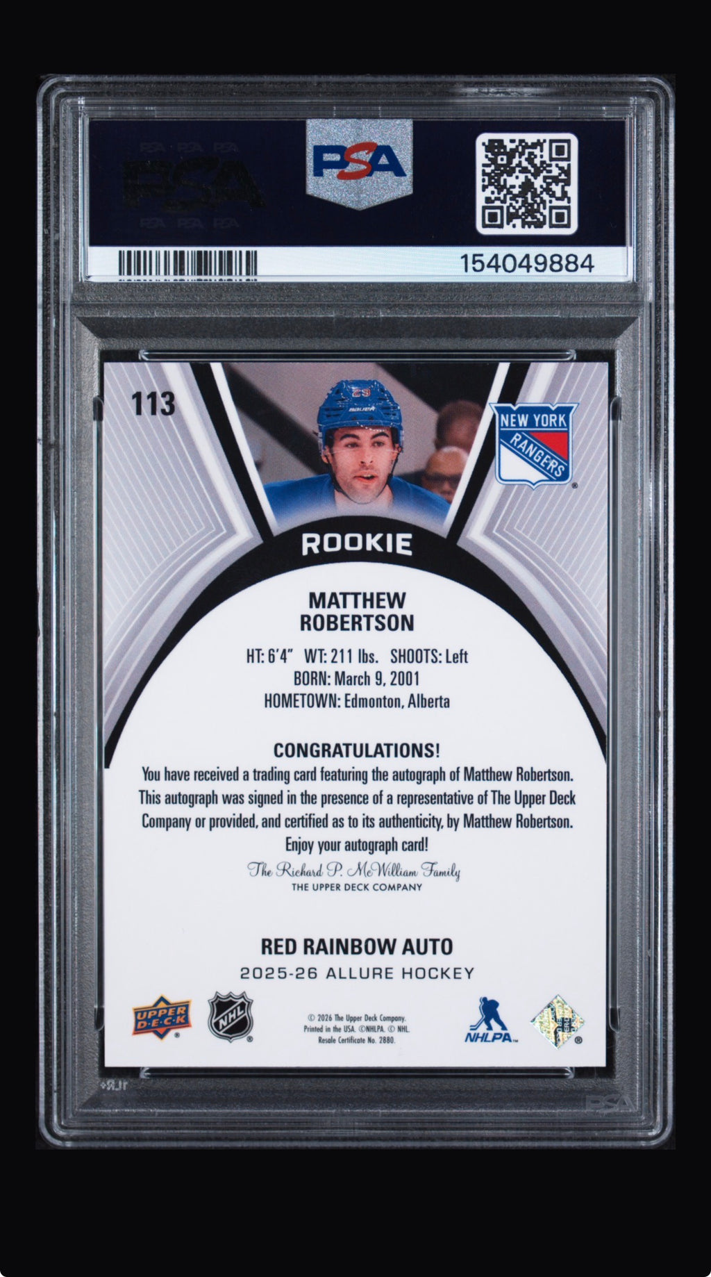 2025 Upper Deck Allure Matthew Robertson Auto PSA 9