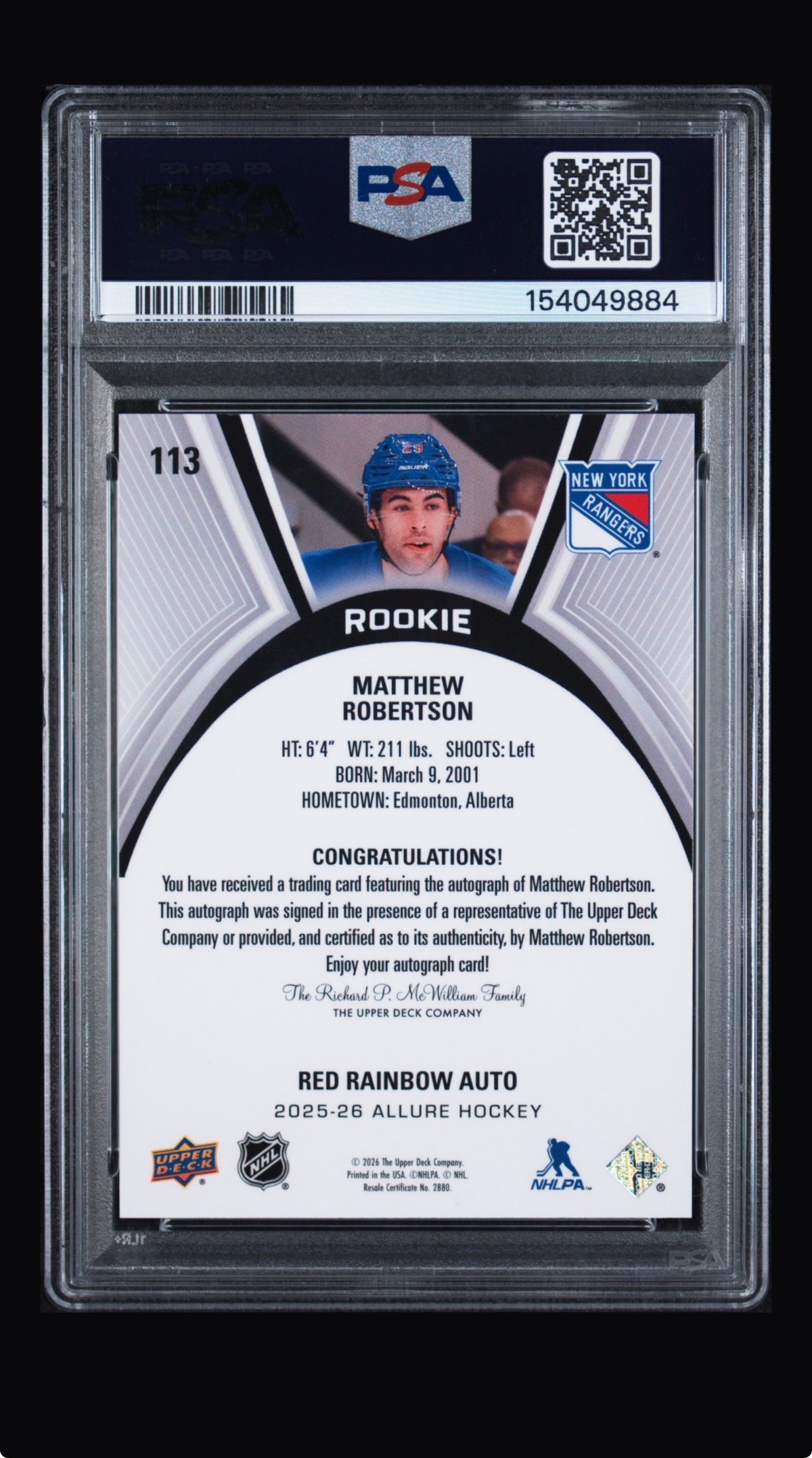 2025 Upper Deck Allure Matthew Robertson Auto PSA 9