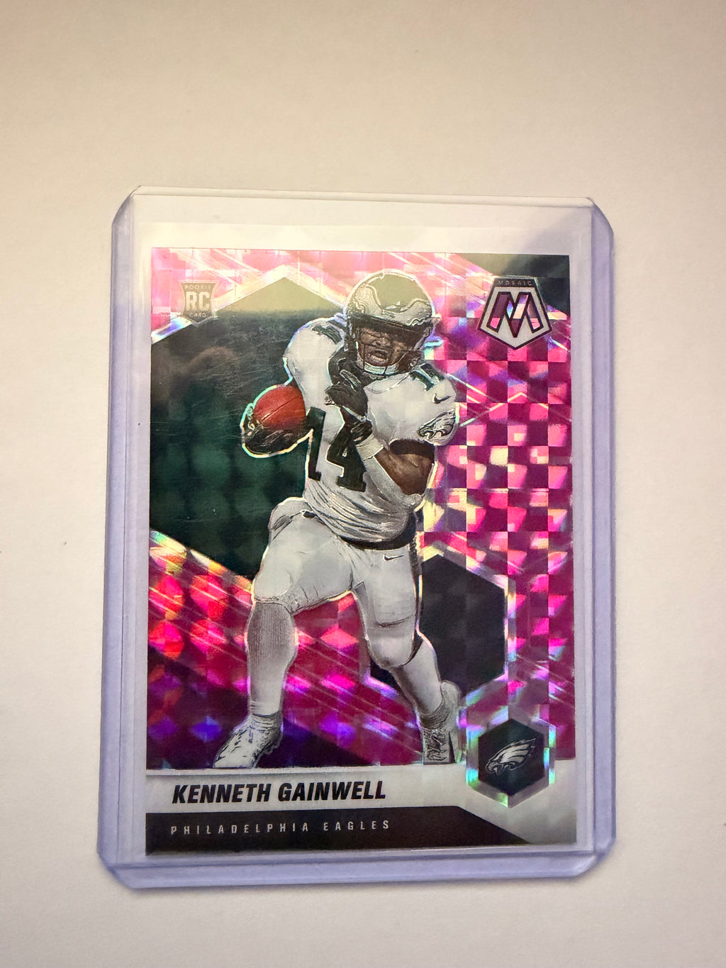 Kenneth Gainwell 2021 Mosaic Pink Camo Prizm RC – Philadelphia Eagles. Rookie pink parallel.