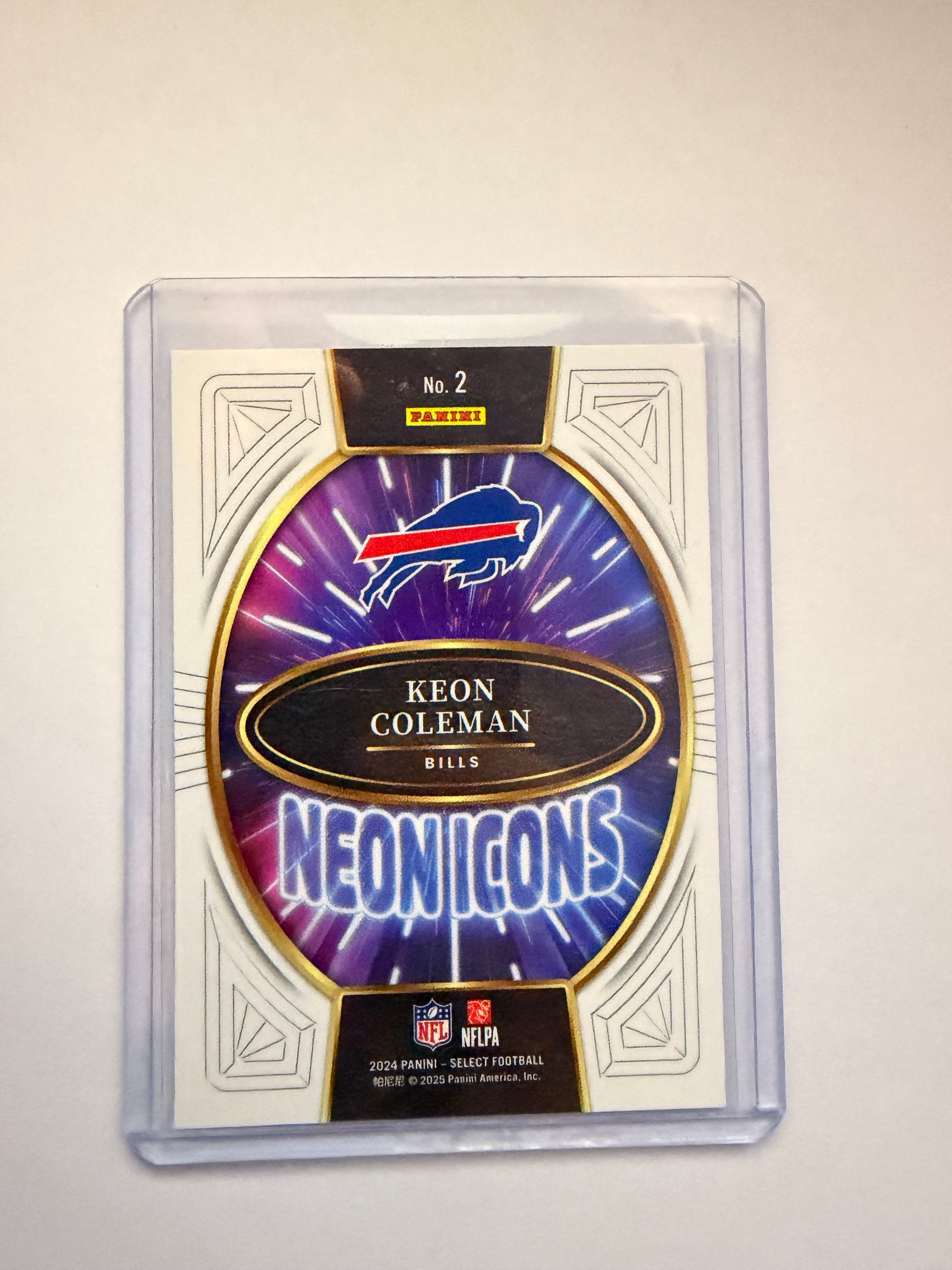 2024 Panini Select Keon Coleman “Neon Icons” RC Insert – Buffalo Bills. Eye-catching rookie insert from Select.