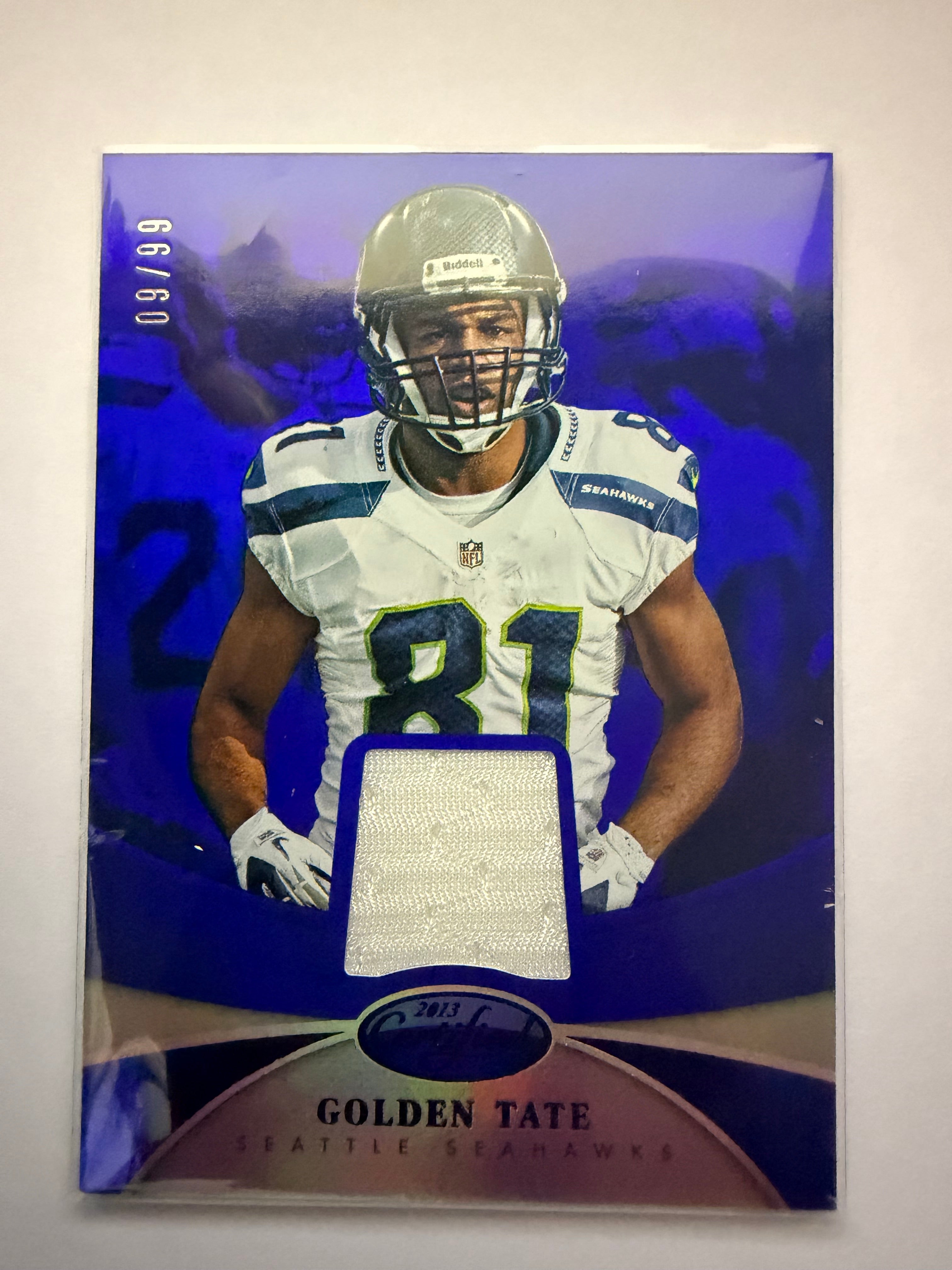 2013 Panini Certified Golden Tate Blue Mirror Materials /99 – Seattle Seahawks game-worn patch.