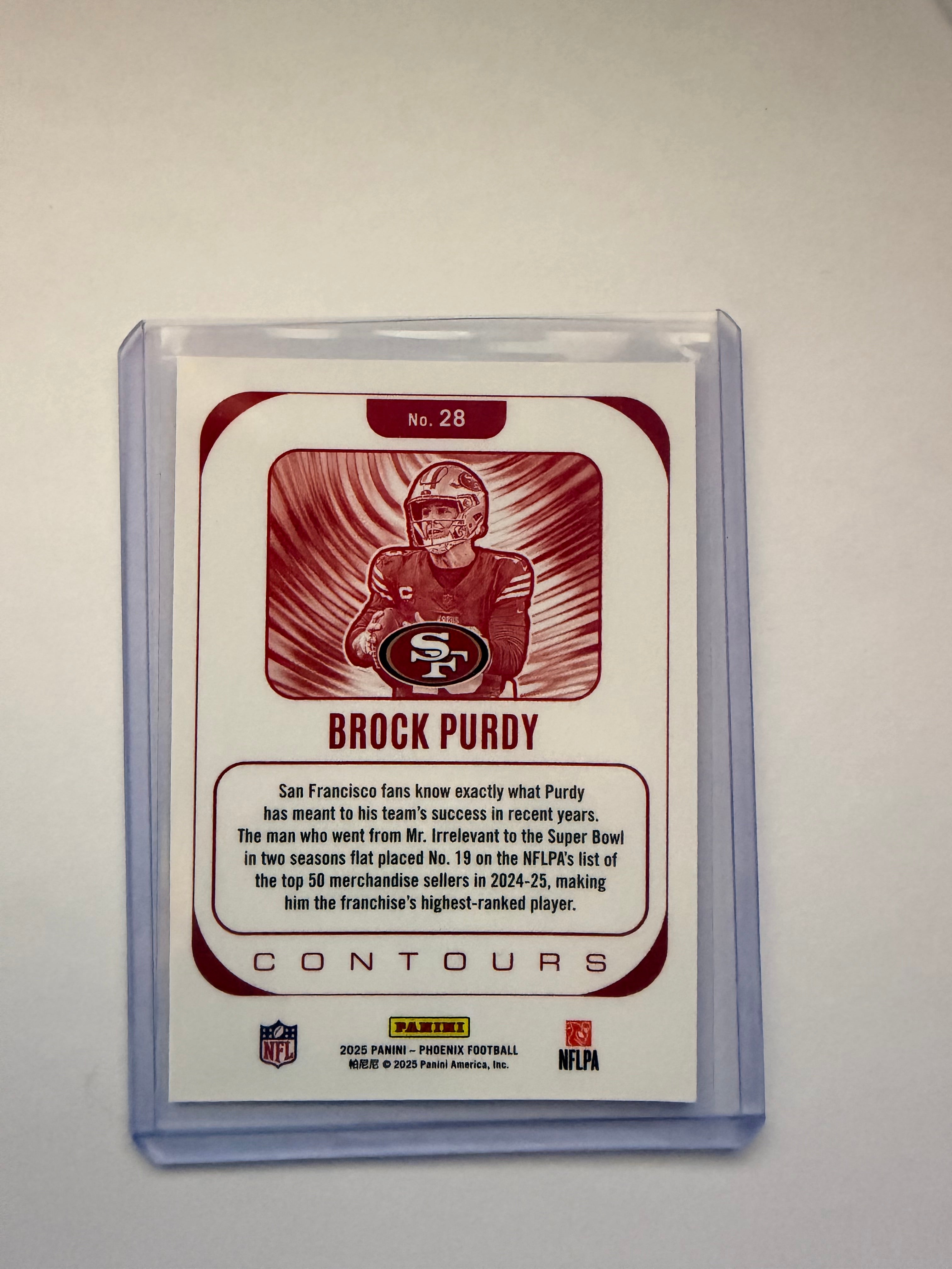 2025 Panini Phoenix “Contours” Brock Purdy Insert – San Francisco 49ers. Clean QB insert from Phoenix set.