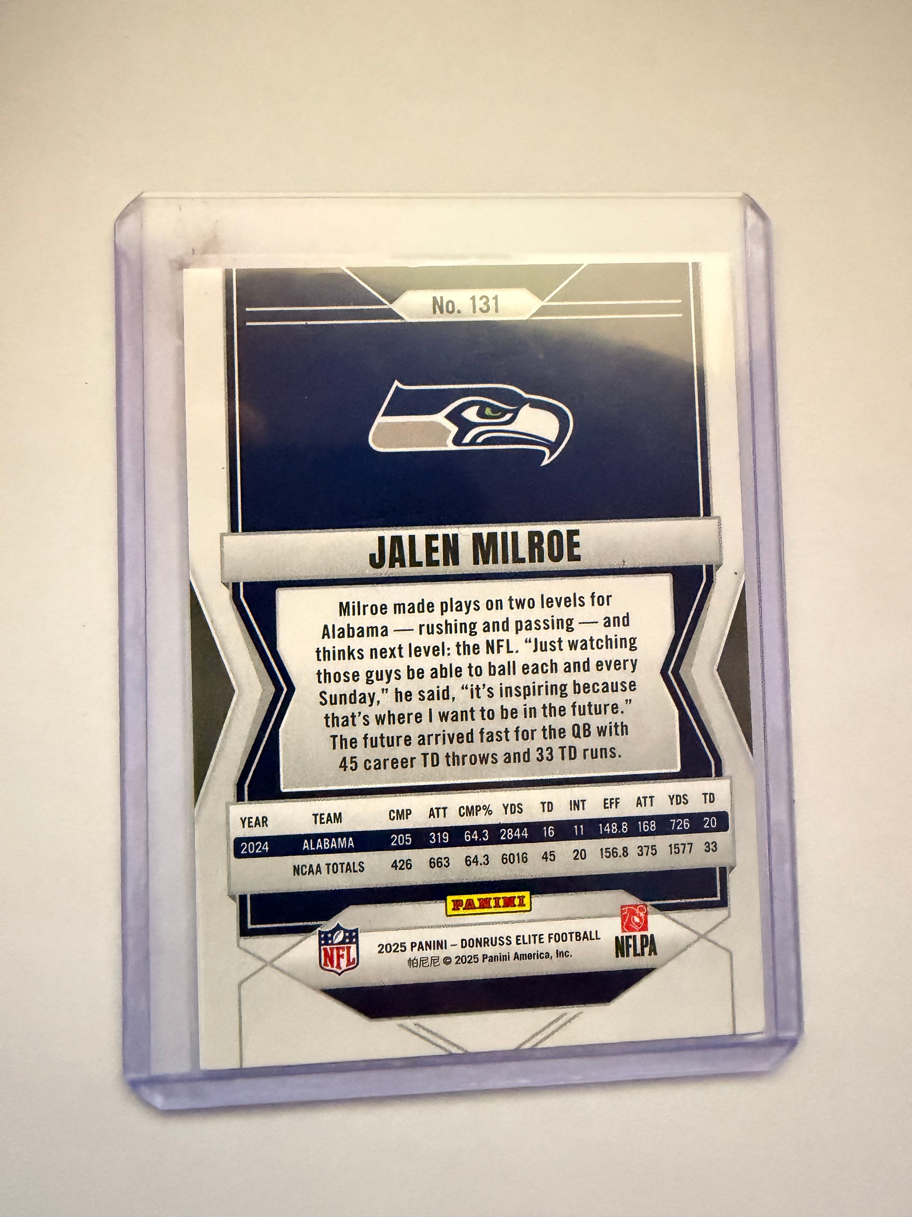 2025 Donruss Elite Aspirations Jalen Milroe RC /399 – Seattle Seahawks numbered rookie parallel.
