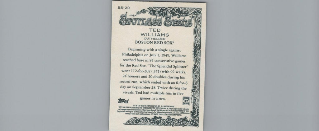 2023 Topps Allen & Ginter #SS-29 Ted Williams Spotless Spans