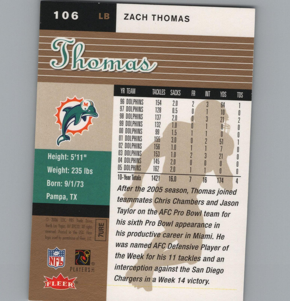 2006 Ultra #106 Zach Thomas Gold Medallion
