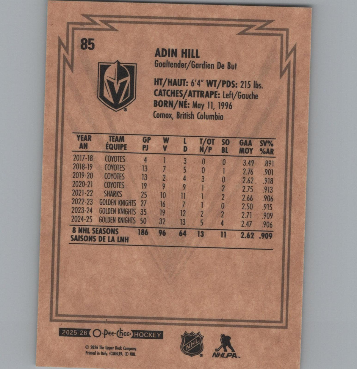 2025-26 O-Pee-Chee #NNO Adin Hill Retro Blank Backs