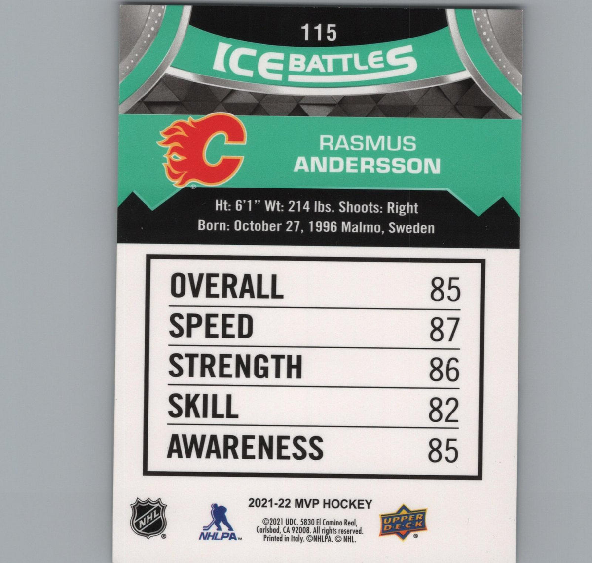 2021-22 Upper Deck MVP #115 Rasmus Andersson Ice Battles