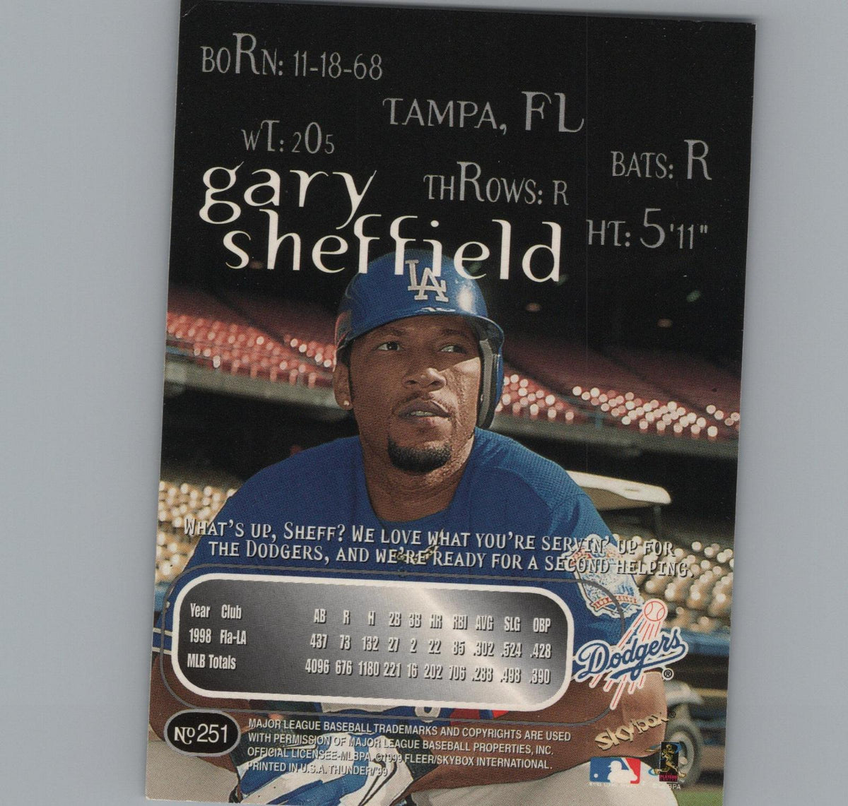1999 SkyBox Thunder #251 Gary Sheffield