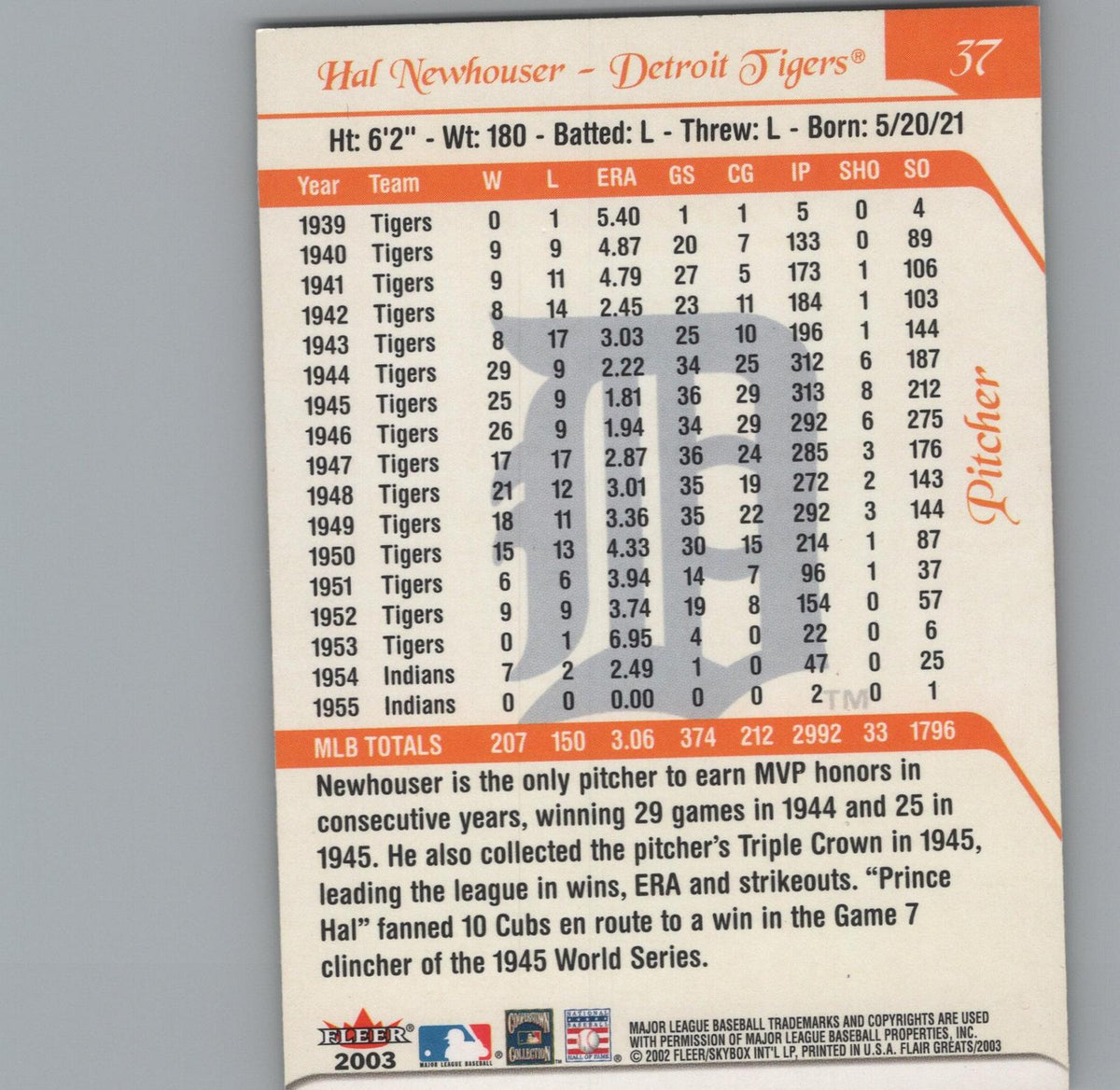 2003 Flair Greats #37 Hal Newhouser