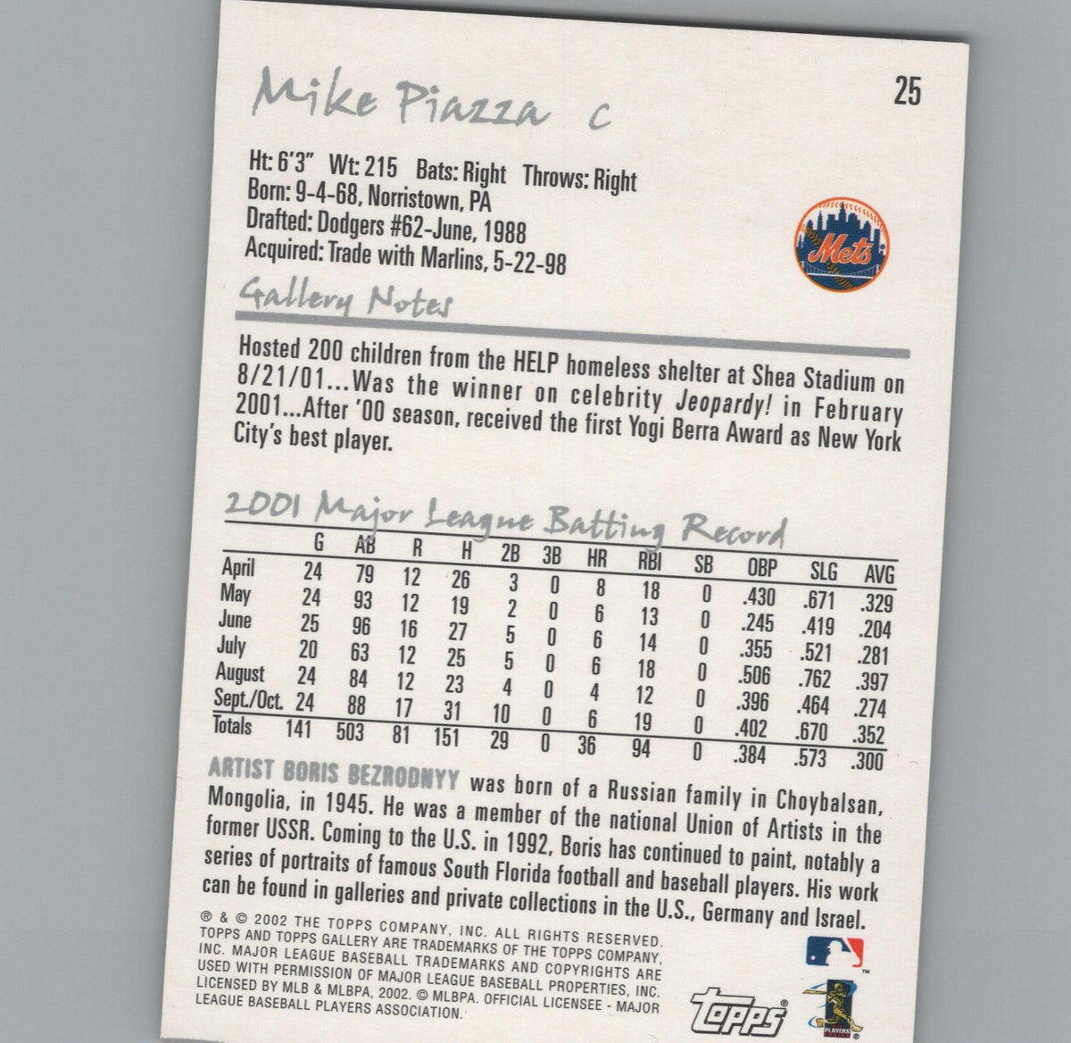 2002 Topps Gallery #25 Mike Piazza Veteran Variation 1 : Black Jersey