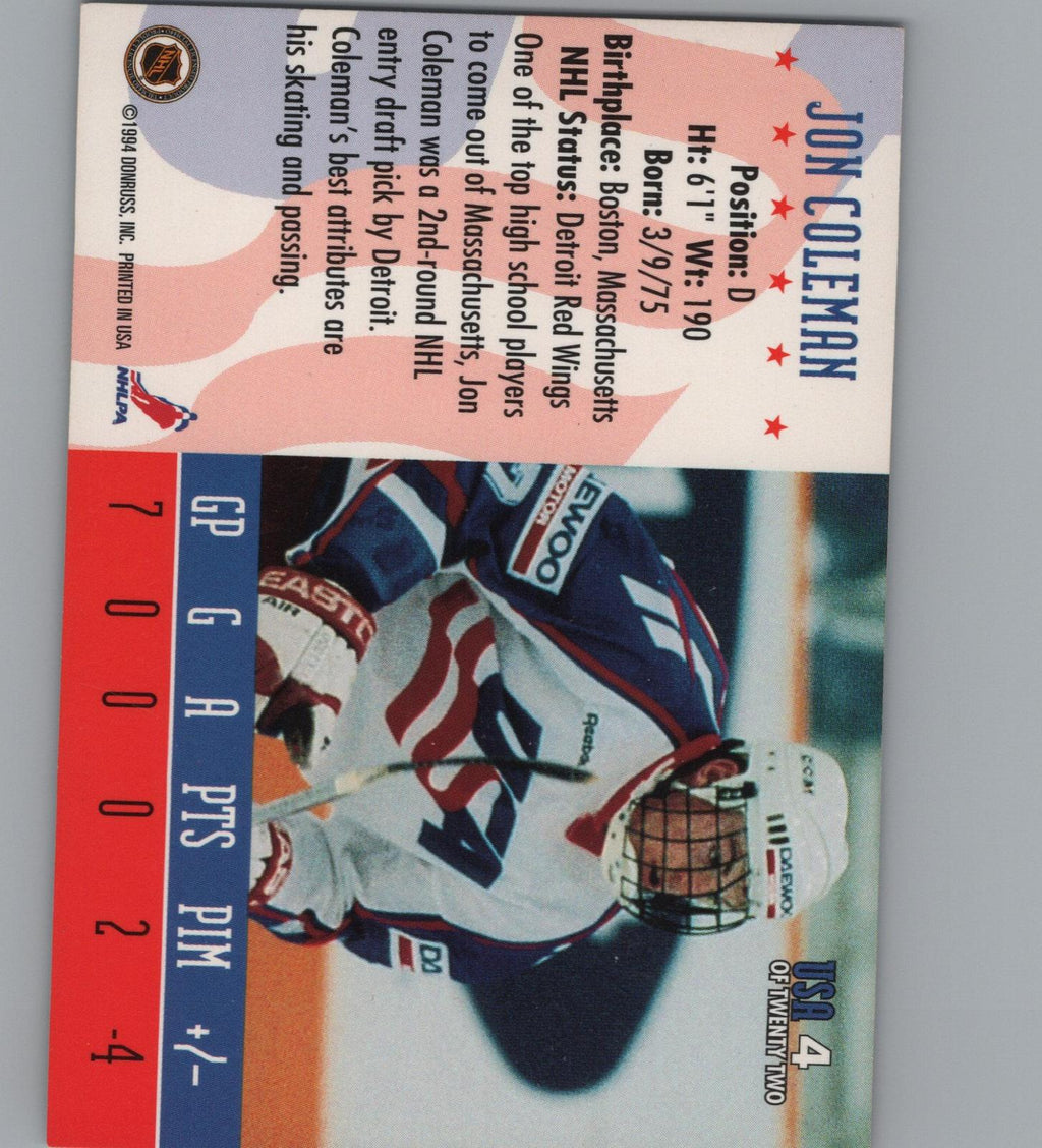 1993-94 Donruss #USA 4 Jon Coleman 1994 World Junior Championship USA