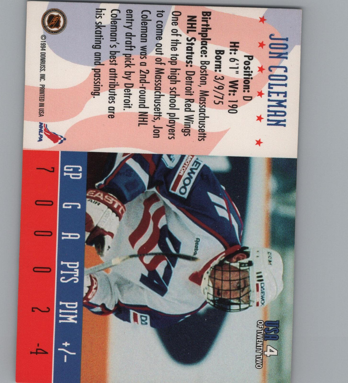 1993-94 Donruss #USA 4 Jon Coleman 1994 World Junior Championship USA