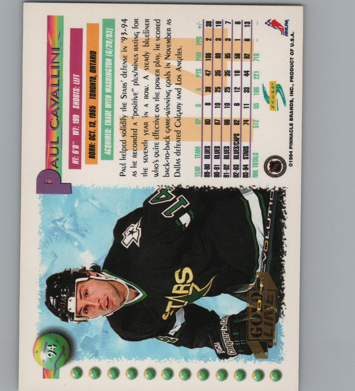 1994-95 Score #94 Paul Cavallini Gold Line