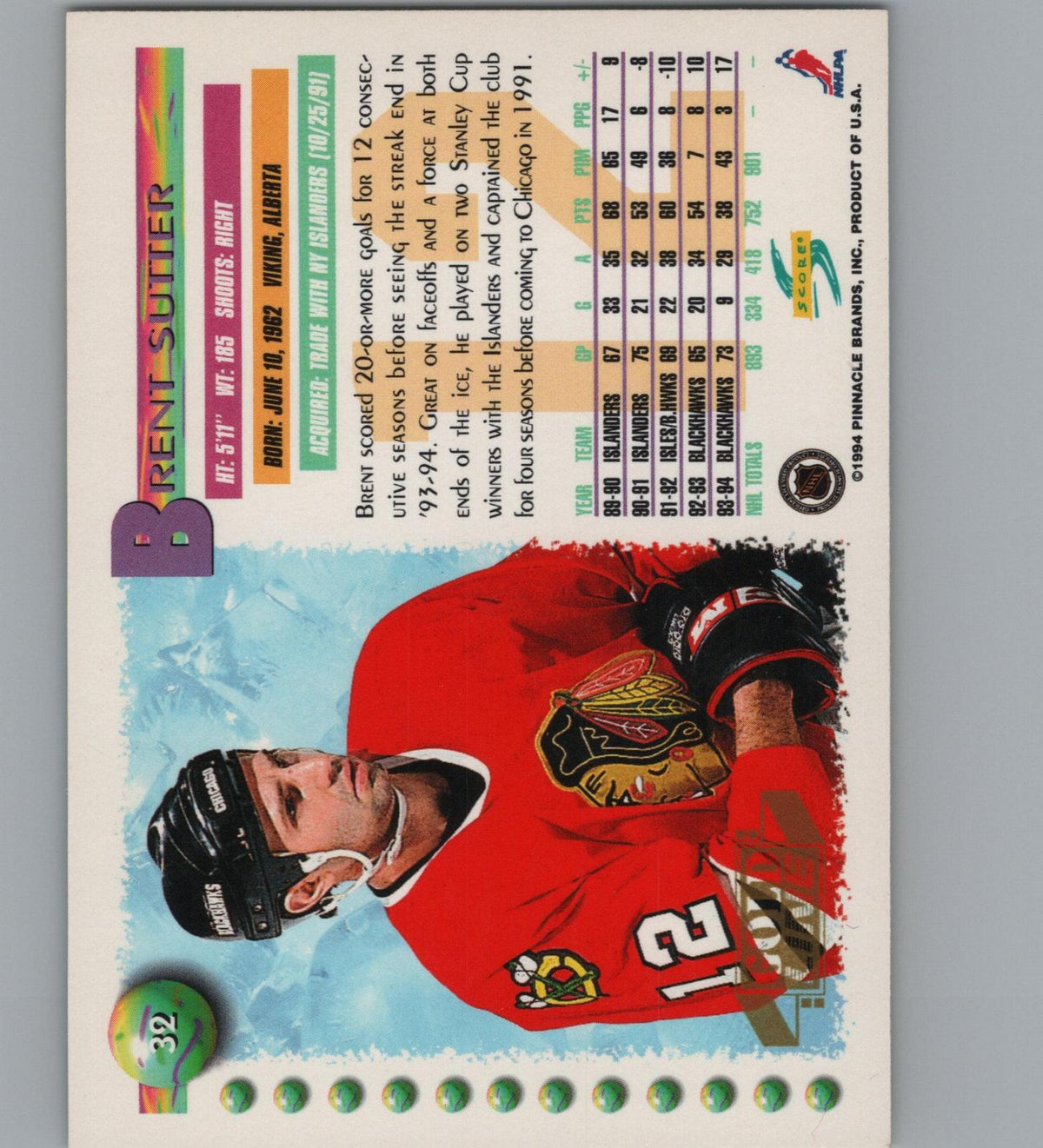 1994-95 Score #32 Brent Sutter Gold Line