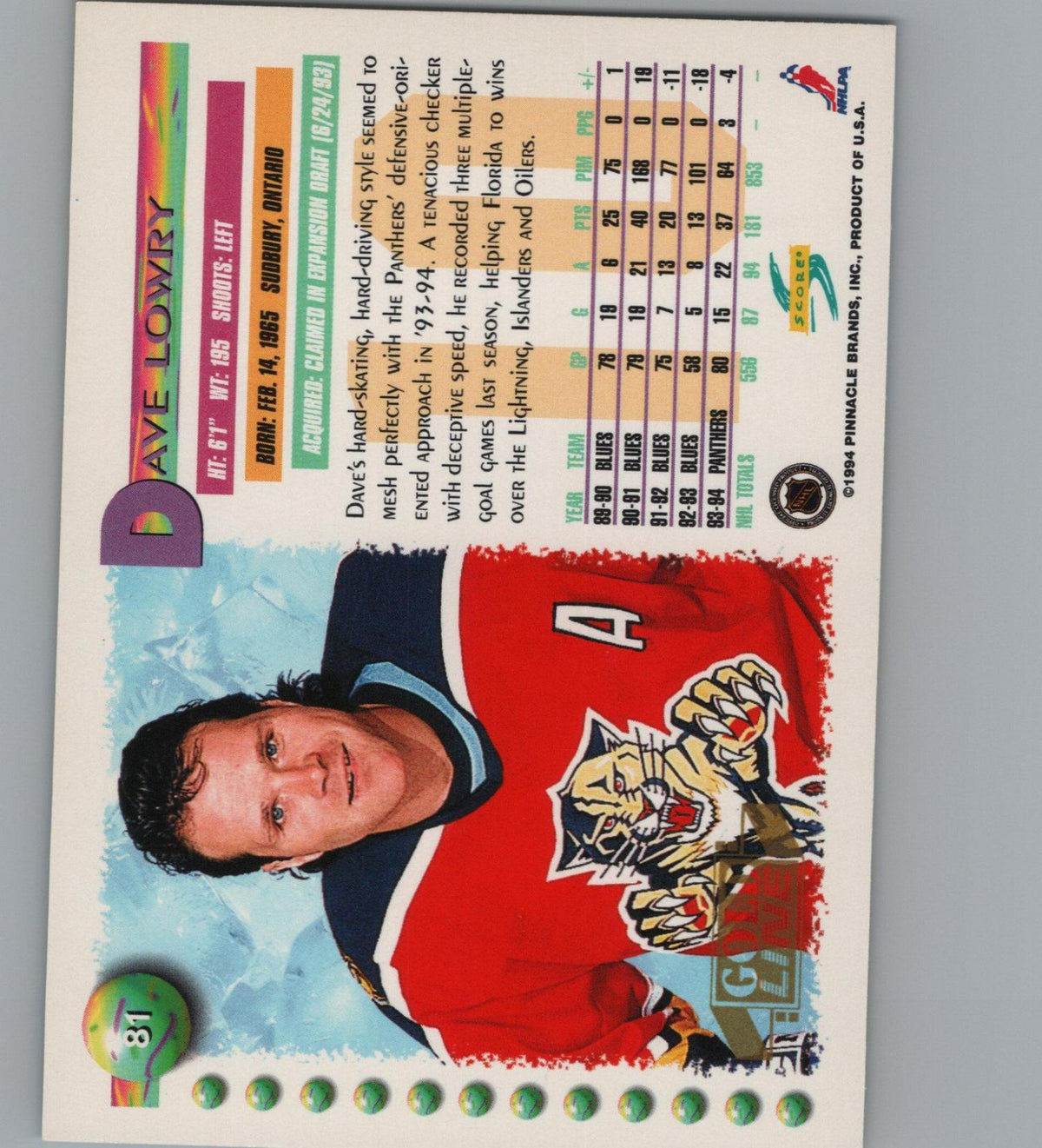 1994-95 Score #81 Dave Lowry Gold Line