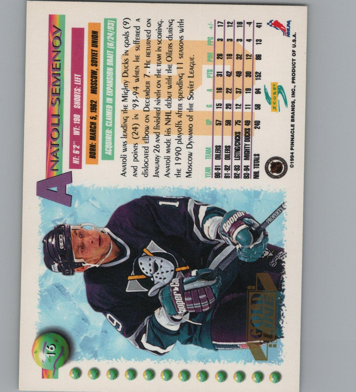1994-95 Score #16 Anatoli Semenov Gold Line Punched