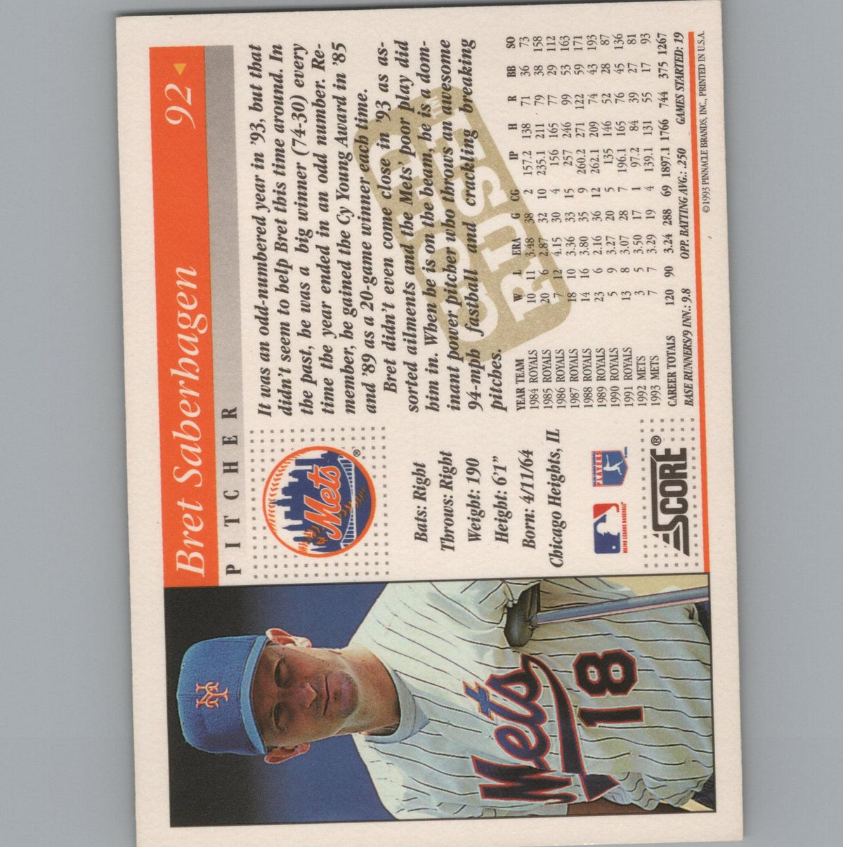 1994 Score #92 Bret Saberhagen Gold Rush