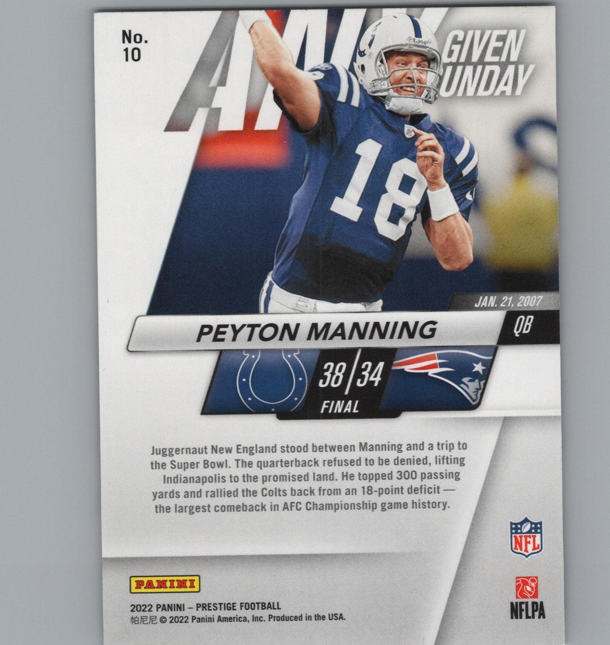 2022 Panini Prestige #10 Peyton Manning Any Given Sunday