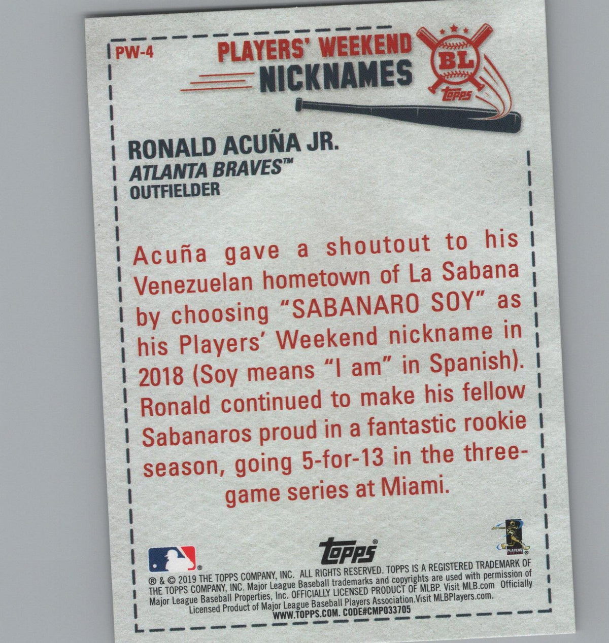 2019 Topps Big League #PW-4 Ronald Acuña Jr. Players' Weekend Nicknames