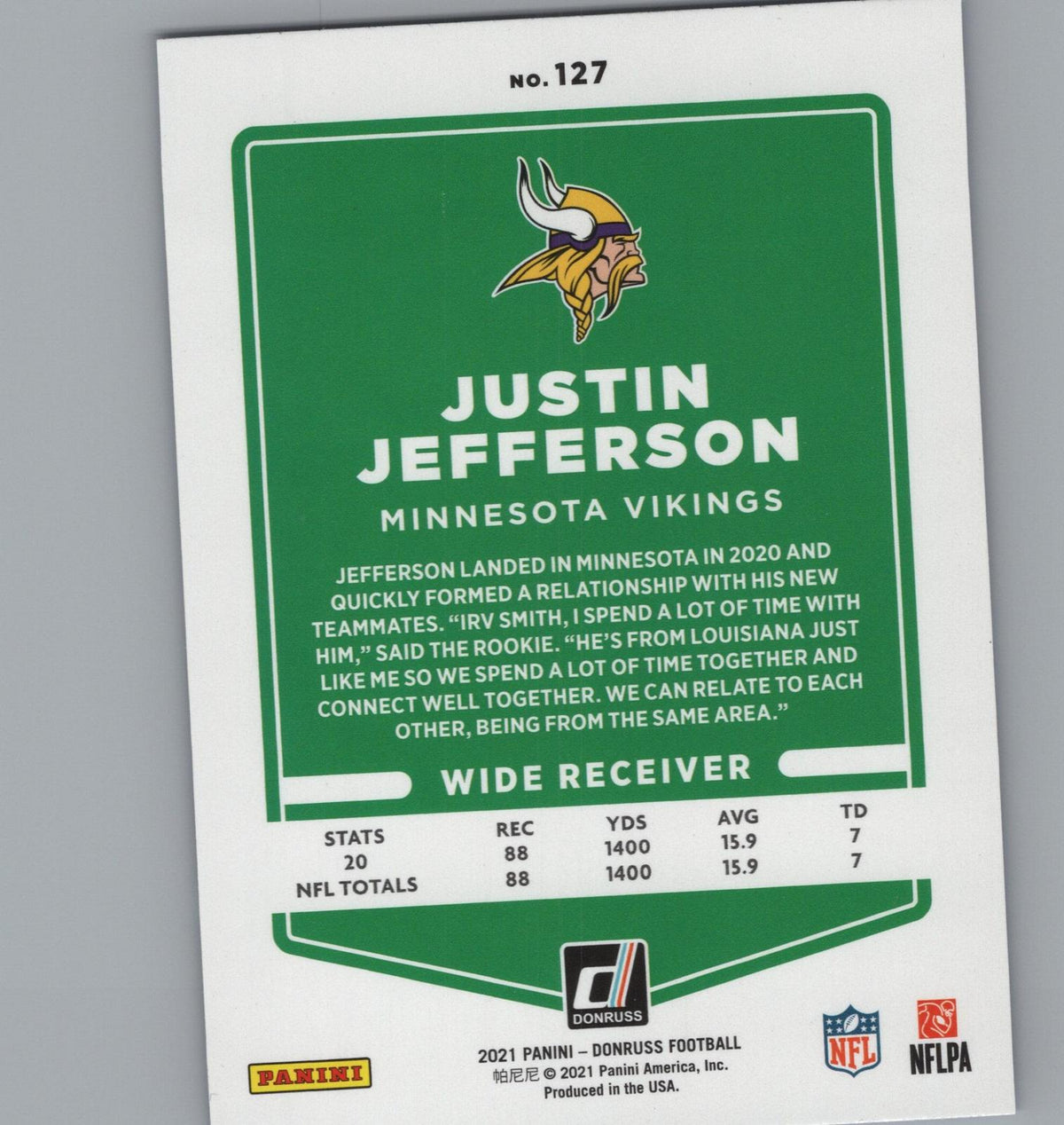 2021 Donruss #127 Justin Jefferson Press Proof Blue