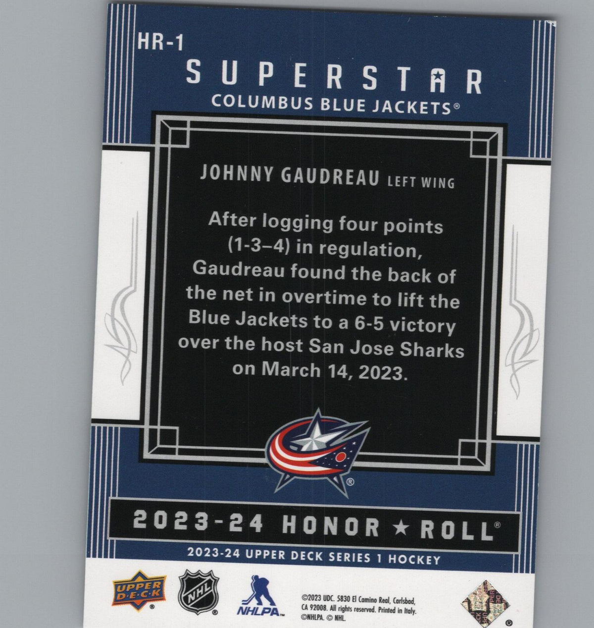2023-24 Upper Deck #HR-1 Johnny Gaudreau Honor Roll