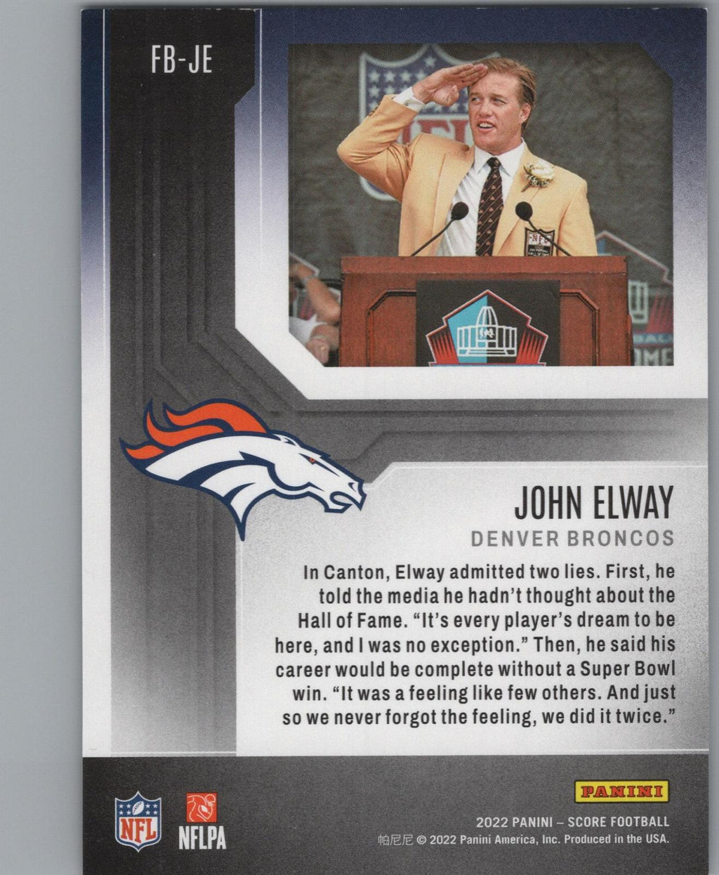 2022 Score #FB-JE John Elway First Ballot