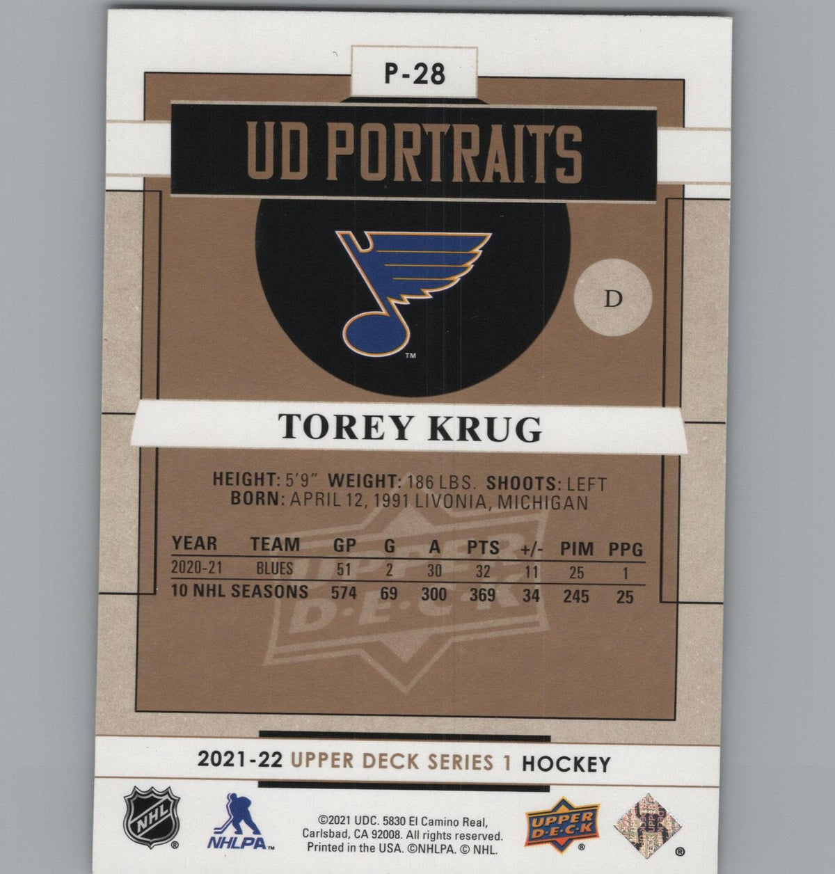 2021-22 Upper Deck #P-28 Torey Krug UD Portraits