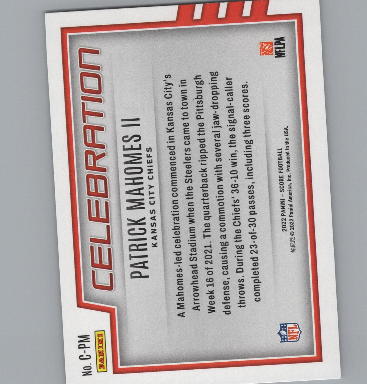 2022 Score #C-PM Patrick Mahomes II Celebration