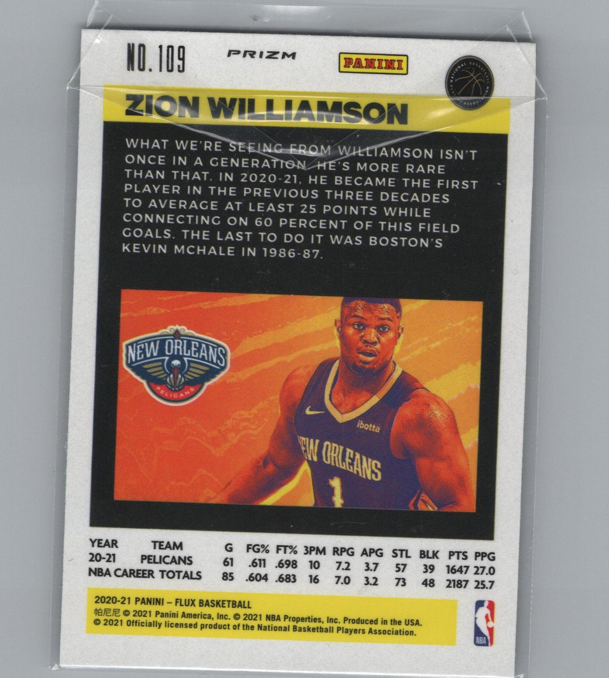 2020-21 Panini Flux #109 Zion Williamson Laser