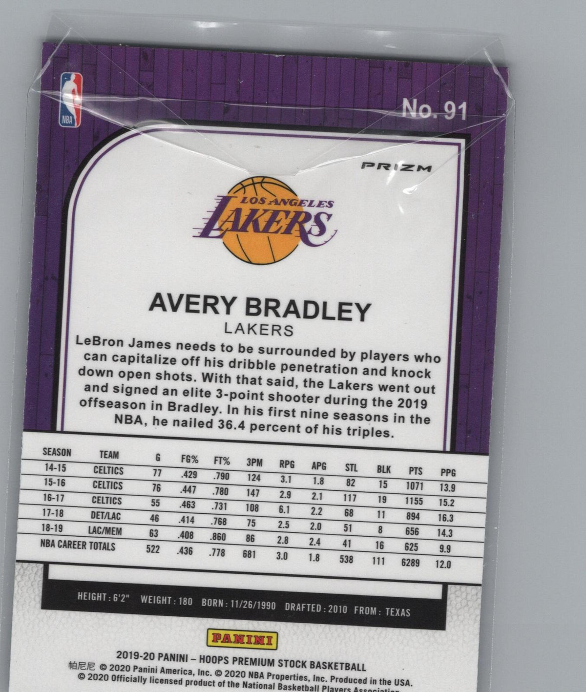 2019-20 Hoops Premium Stock #91 Avery Bradley Prizm Purple Disco