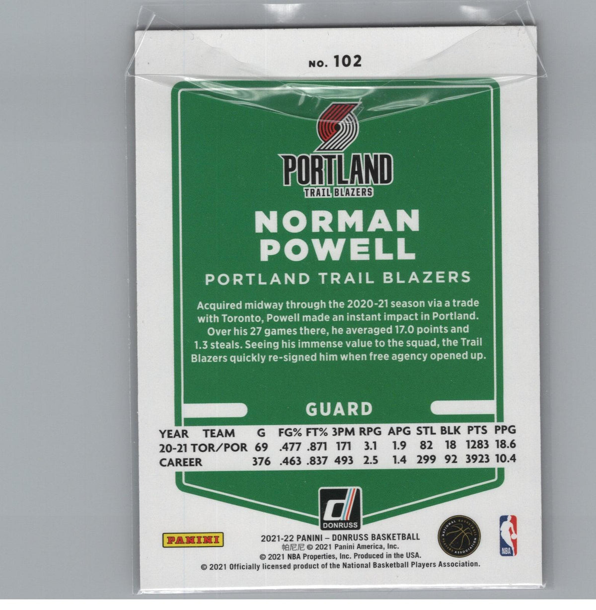 2021-22 Donruss #102 Norman Powell Holo Orange Laser