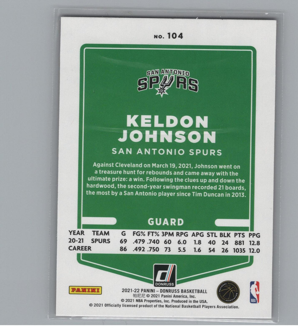 2021-22 Donruss #104 Keldon Johnson red laser