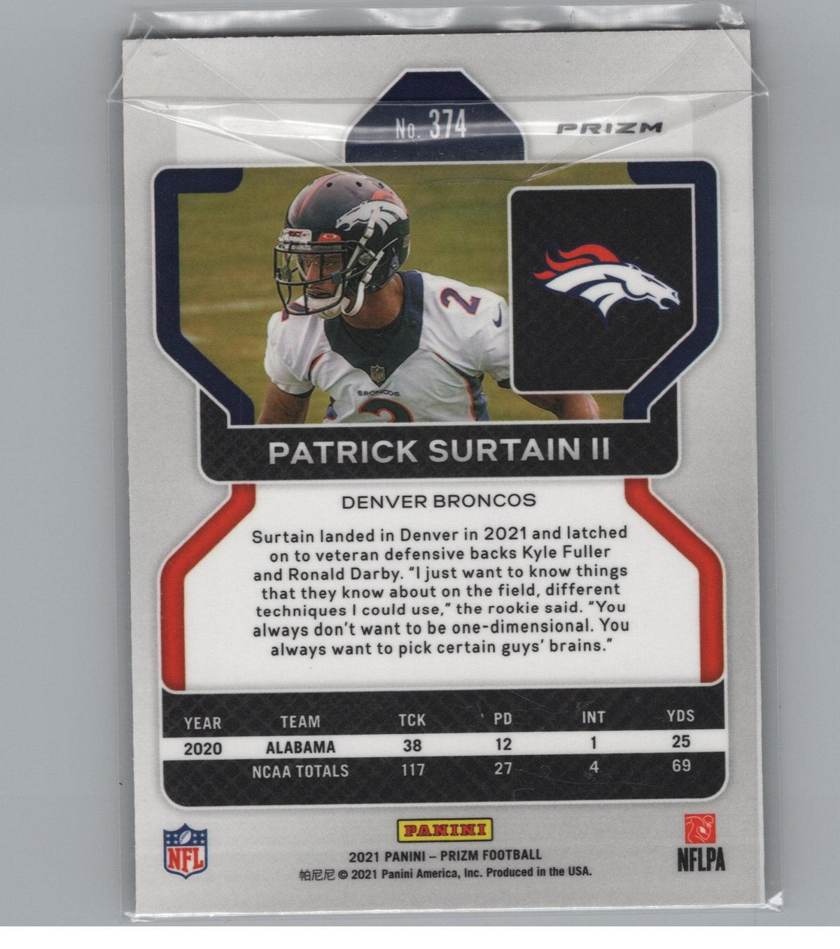 2021 Panini Prizm #374 Patrick Surtain II Orange Ice
