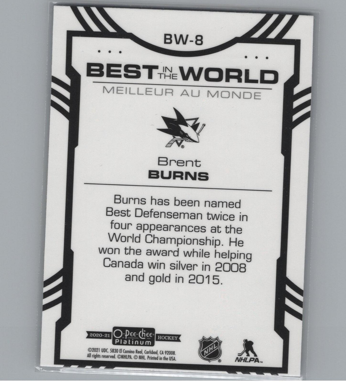 2020-21 O-Pee-Chee Platinum #BW-8 Brent Burns Best in the World