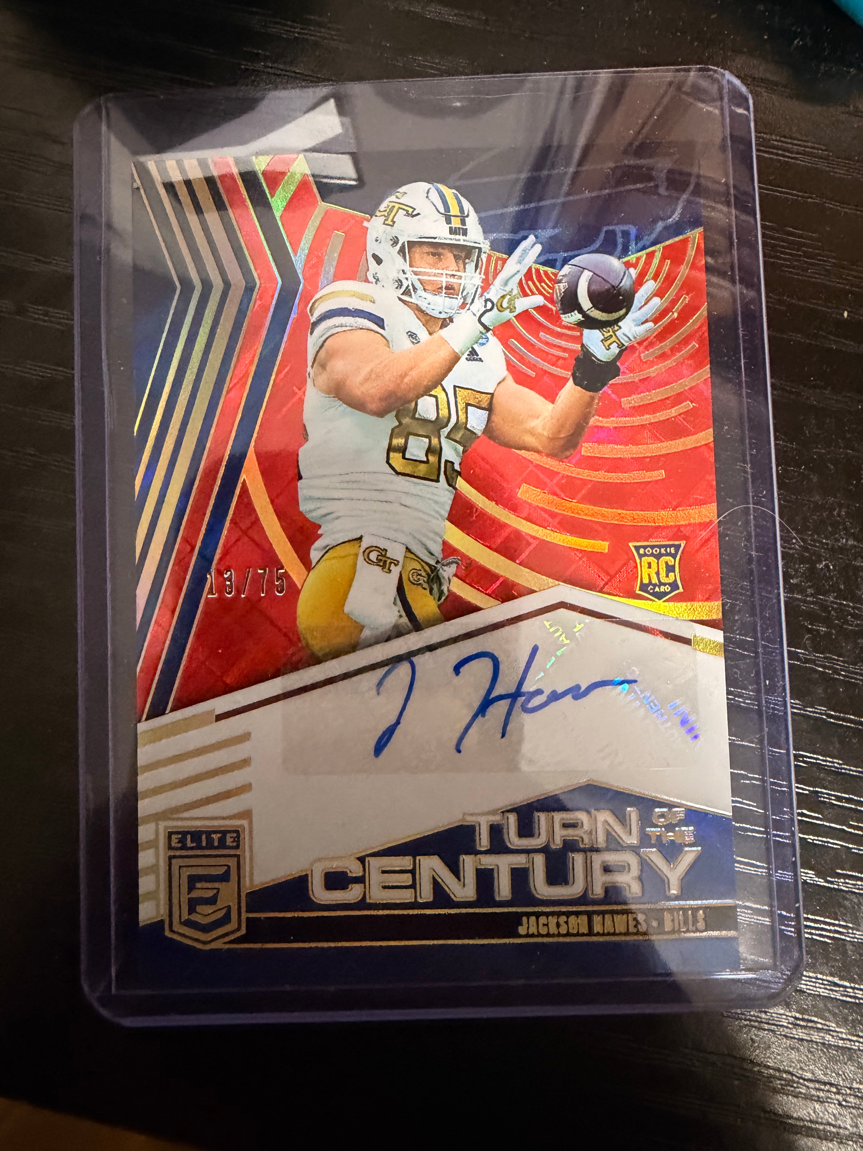 2025 Donruss Elite “Turn of the Century” Jackson Hawes RC Auto /75 – Buffalo Bills rookie on-card autograph.
