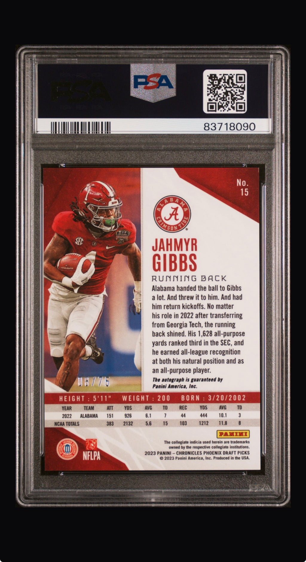 2023 Panini Chronicles Draft Picks Phoenix Jahmyr Gibbs PSA 9 /10