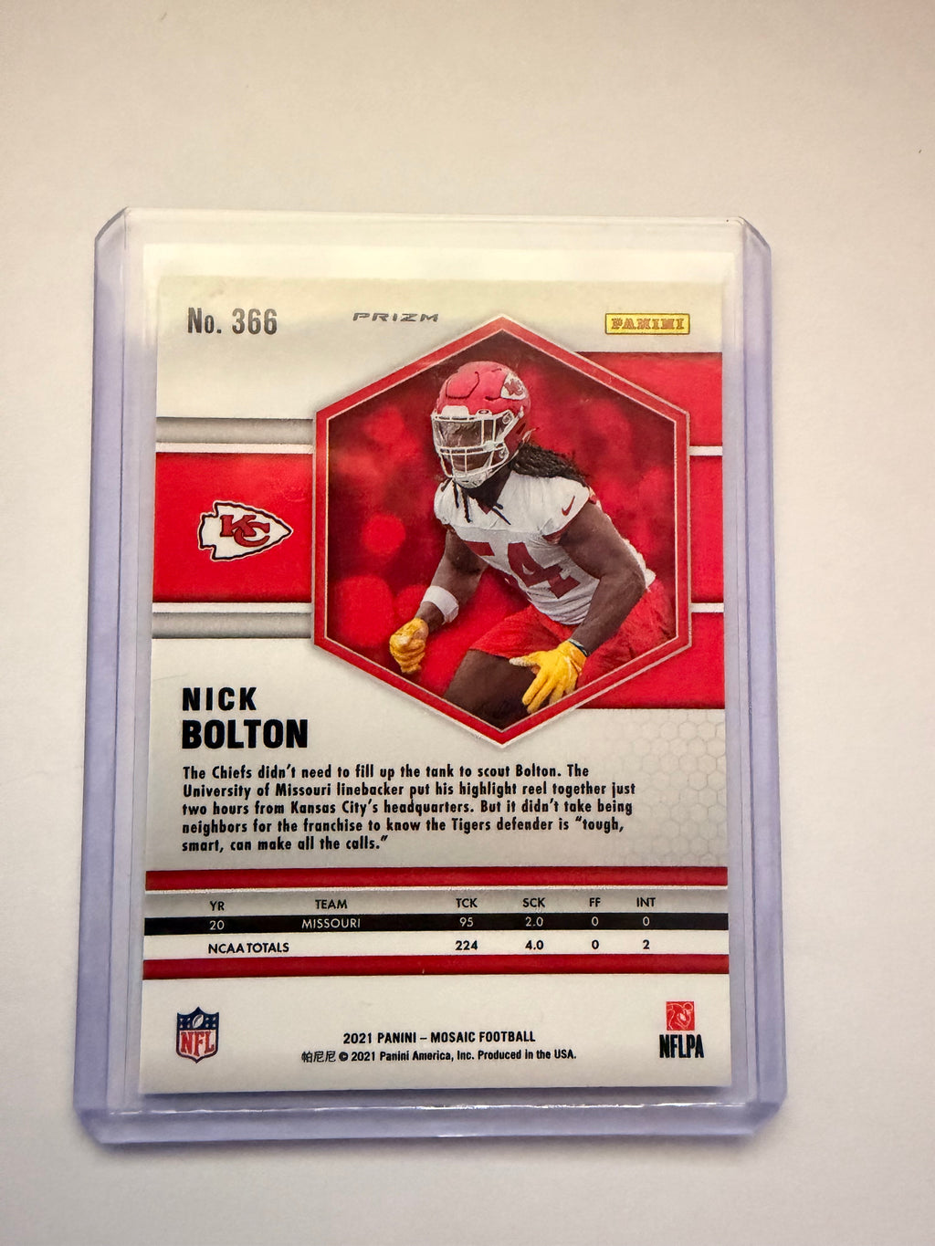 Nick Bolton 2021 Mosaic Silver Prizm – Kansas City Chiefs. Super Bowl linebacker silver parallel.