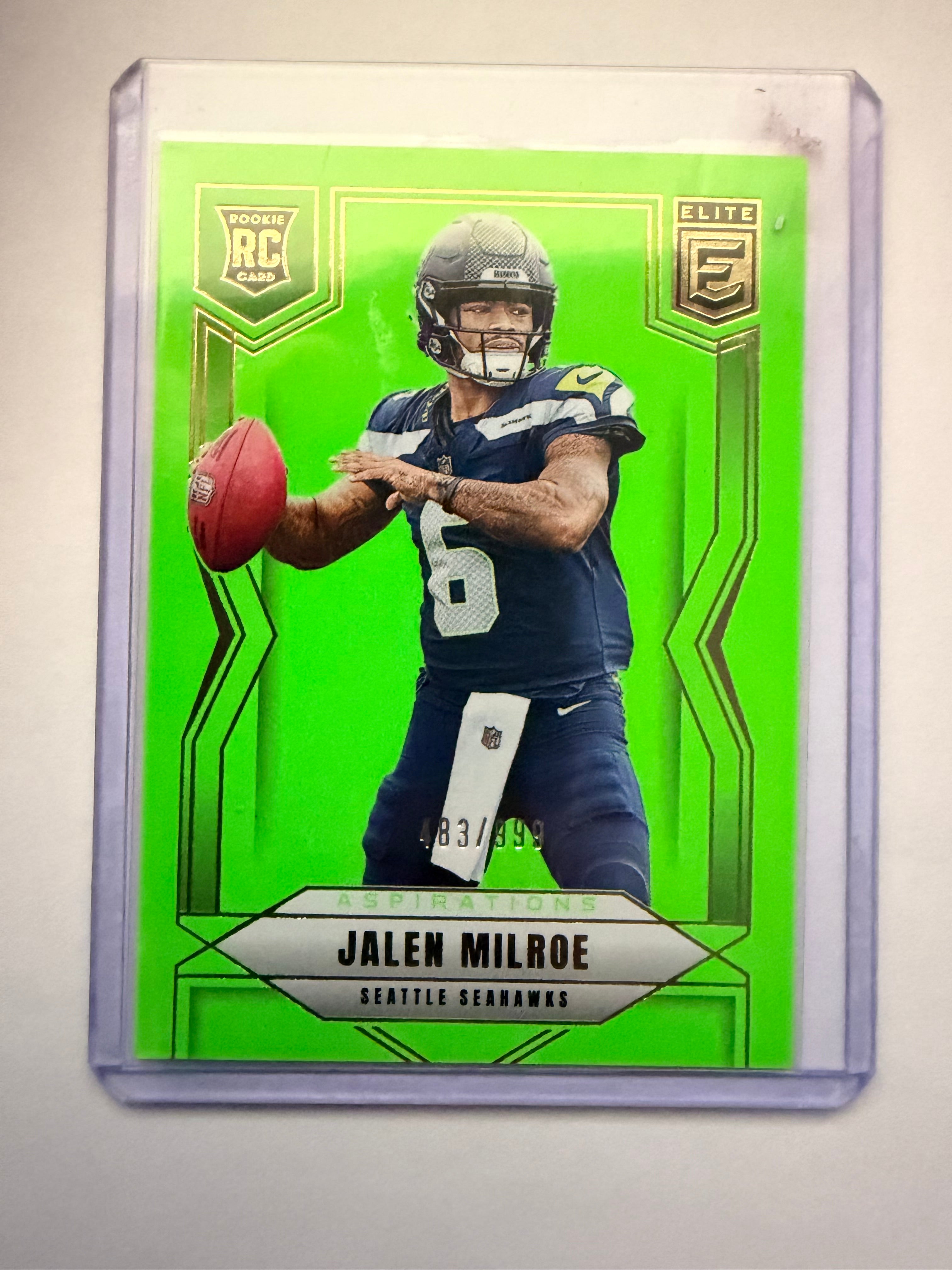 2025 Donruss Elite Aspirations Jalen Milroe RC /399 – Seattle Seahawks numbered rookie parallel.