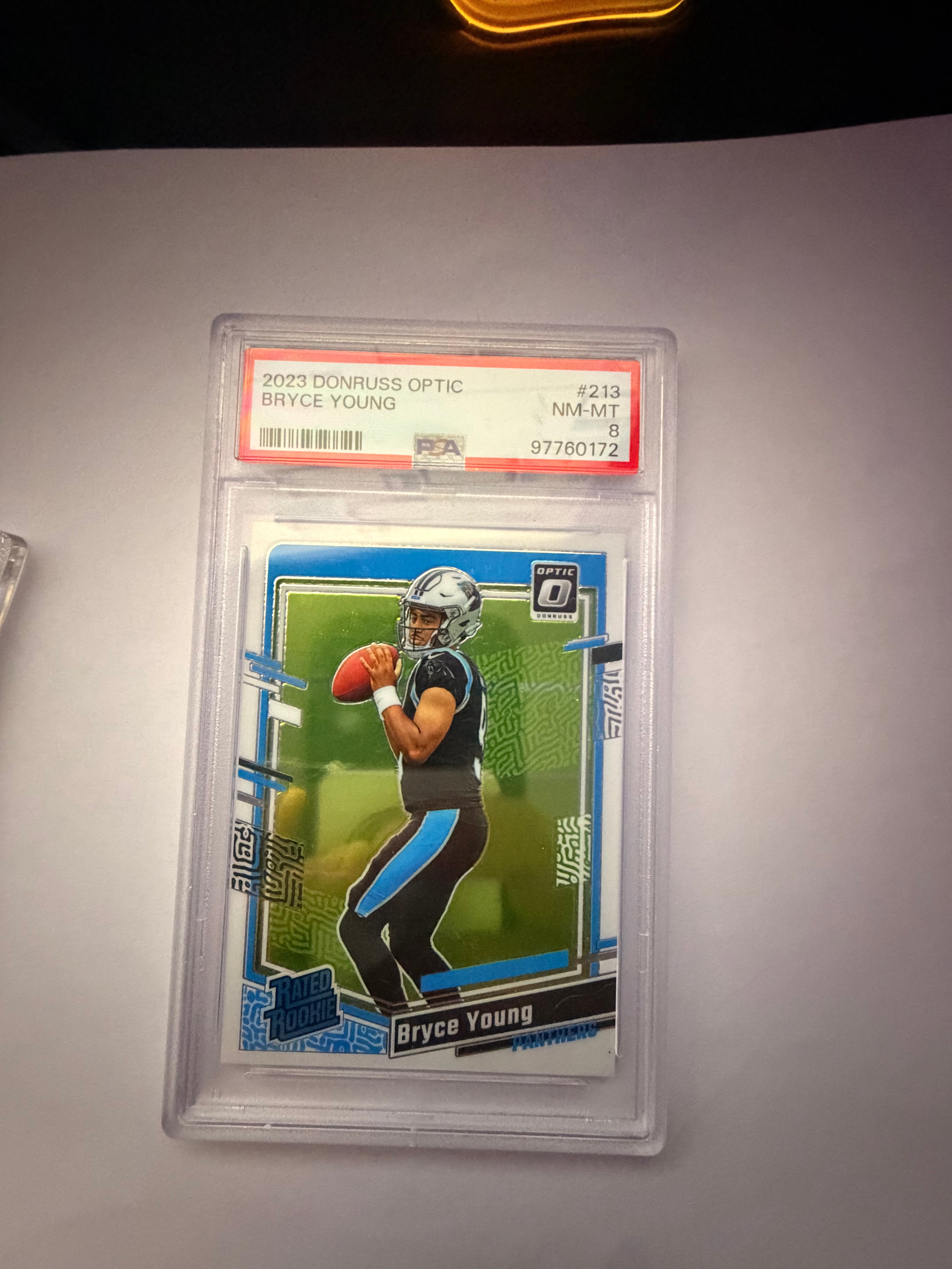 2023 Donruss Optic Bryce Young Rated Rookie – PSA 8 (NM-MT) slab.