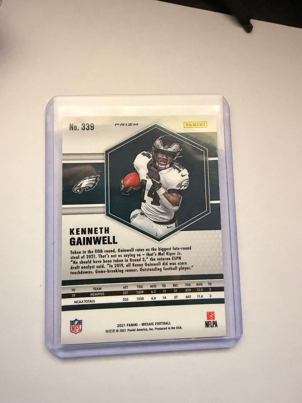Kenneth Gainwell 2021 Mosaic Pink Camo Prizm RC – Philadelphia Eagles. Rookie pink parallel.