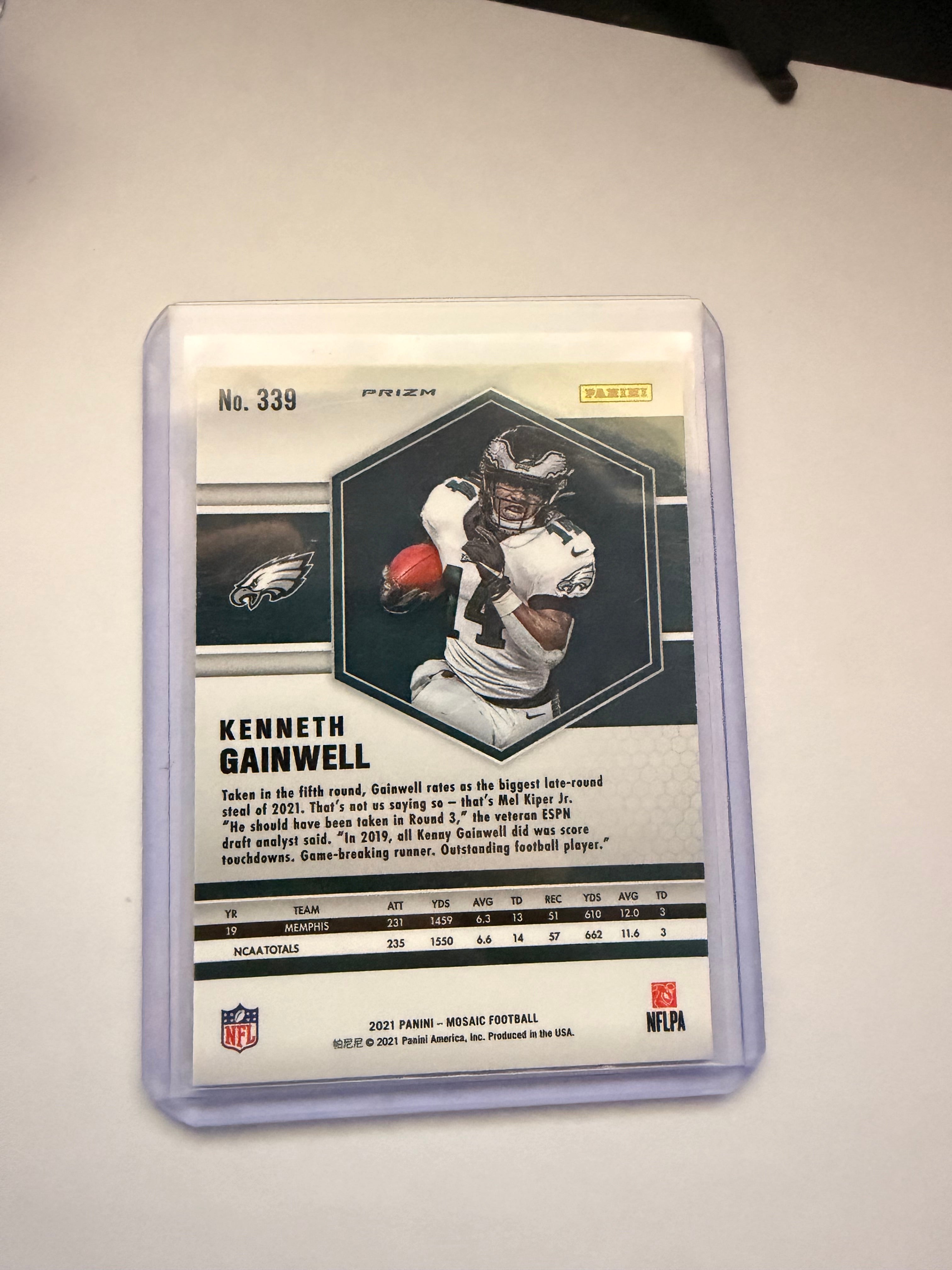 Kenneth Gainwell 2021 Mosaic Pink Camo Prizm RC – Philadelphia Eagles. Rookie pink parallel.