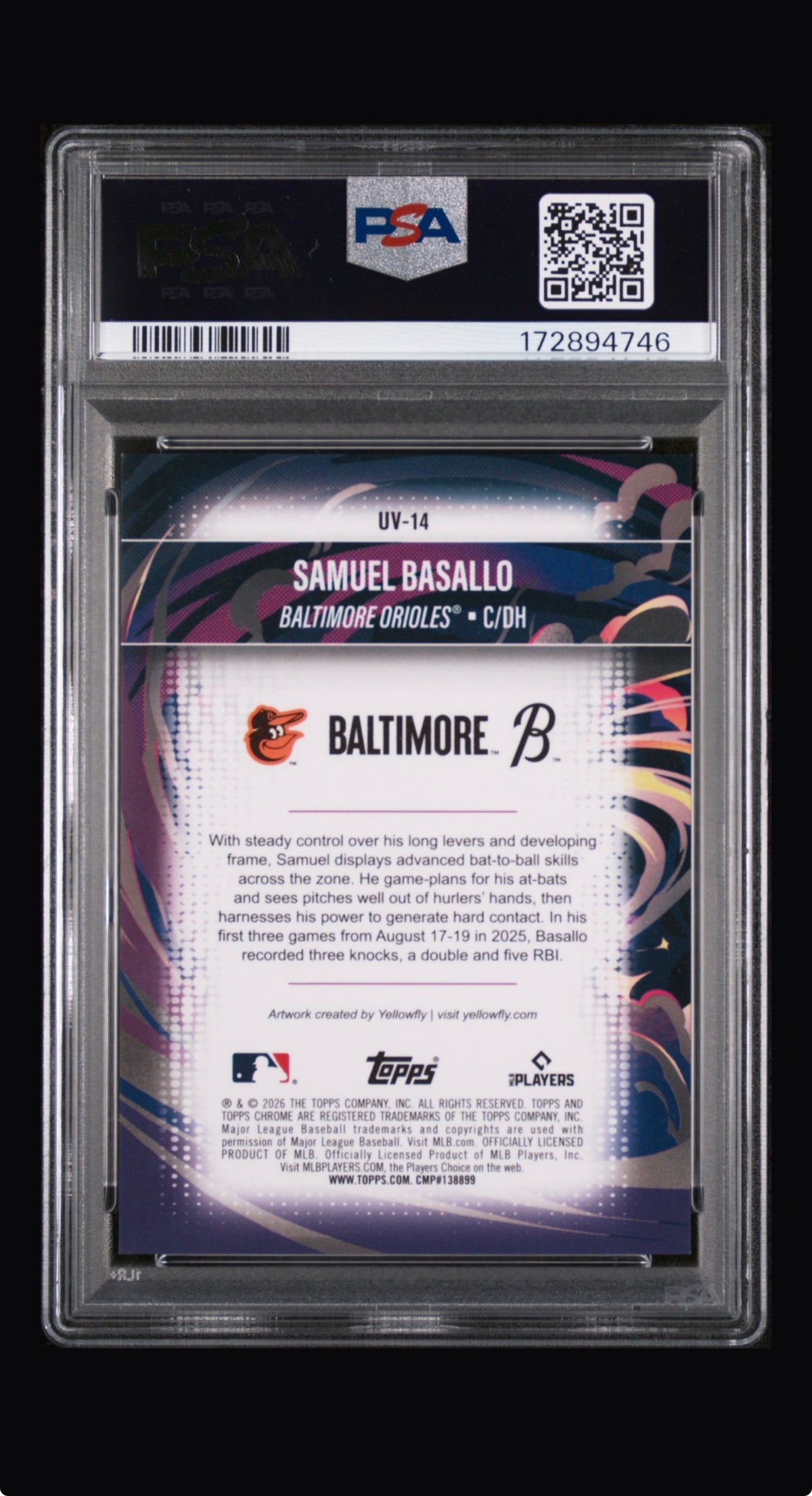 2026 Topps Chrome Ultraviolet Samuel Basallo PSA 9