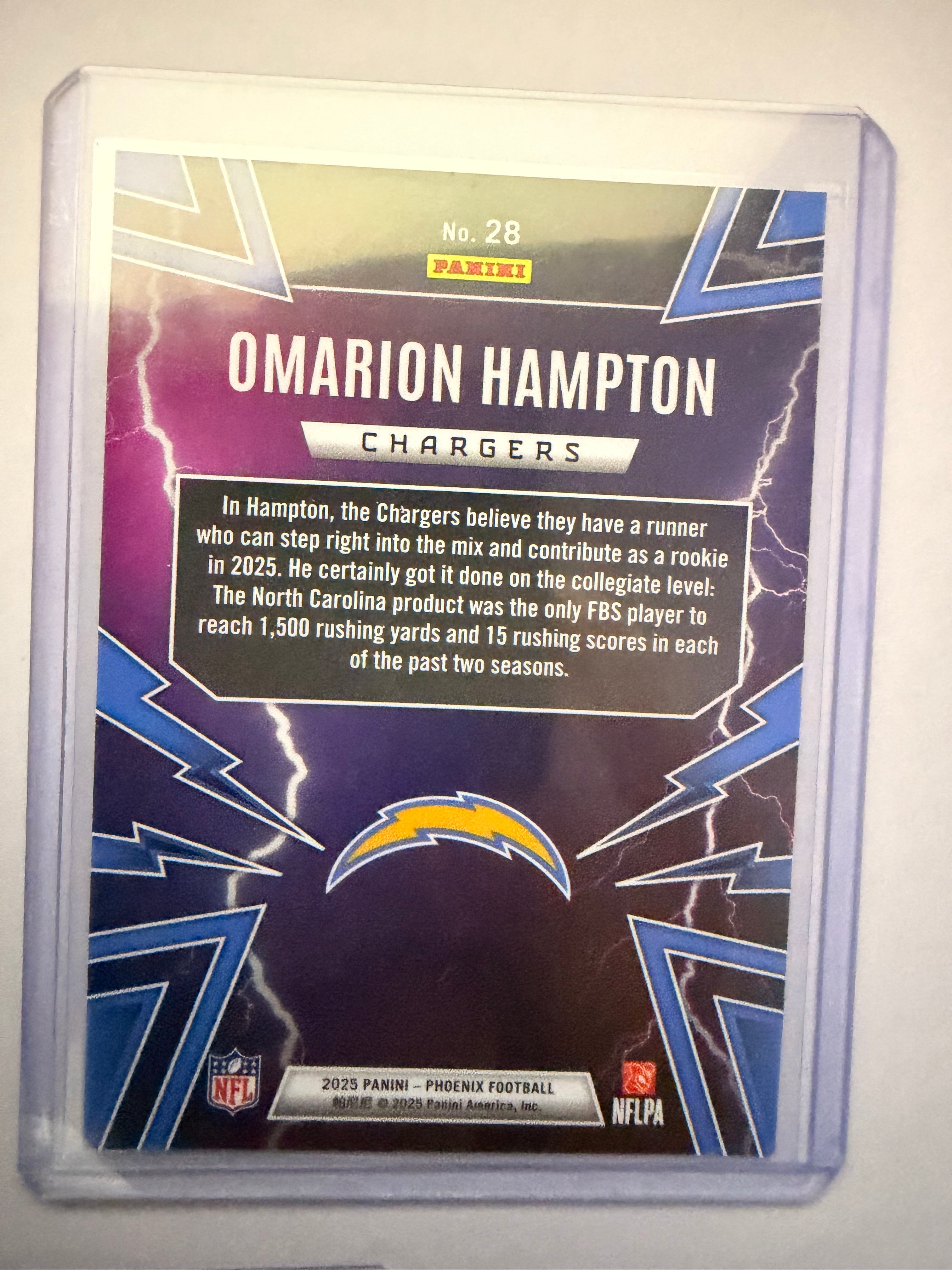 2025 Panini Phoenix “Thunderbirds” Omarion Hampton RC – Los Angeles Chargers. Flashy rookie insert.