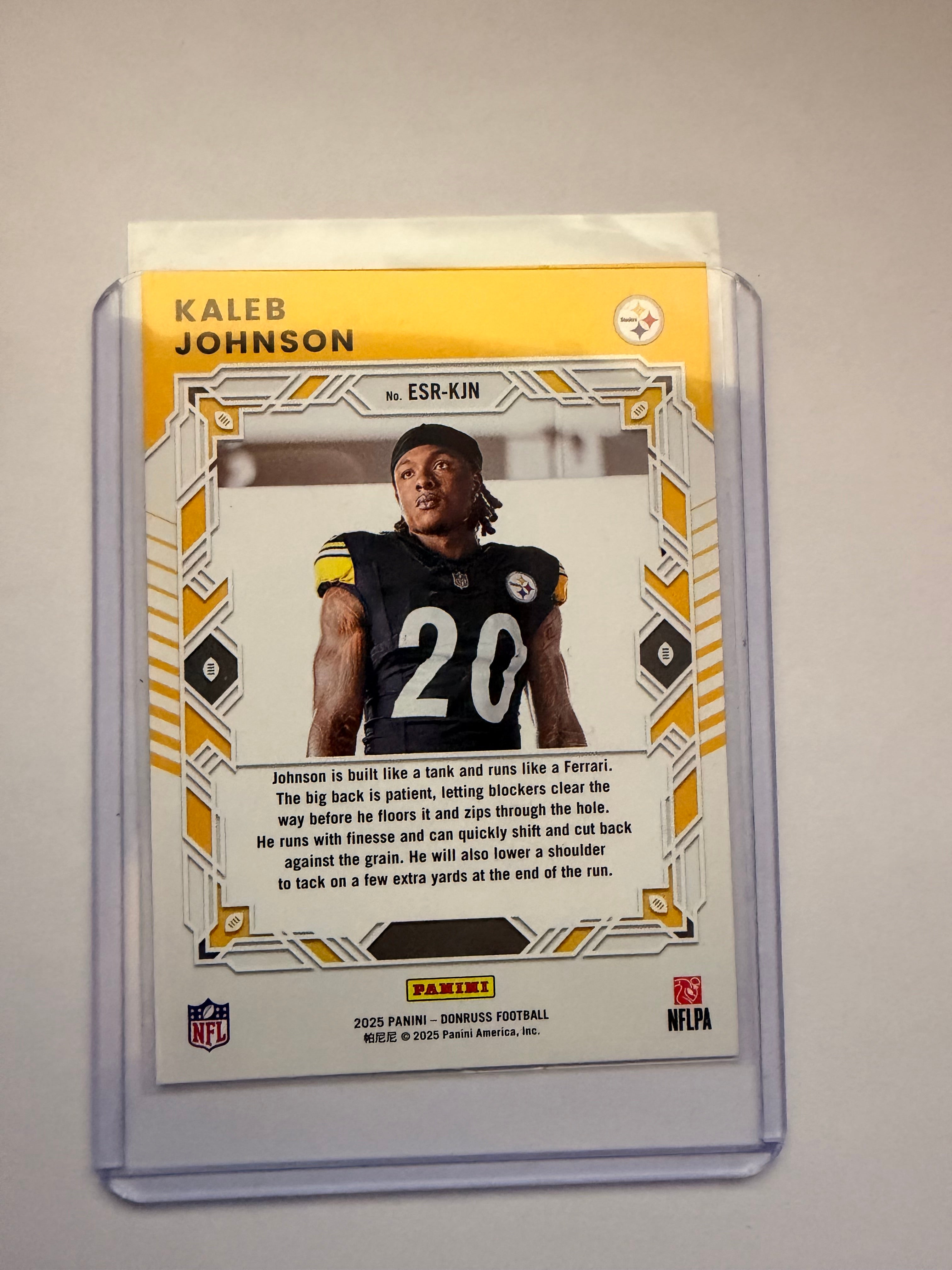 2025 Donruss Elite “Elite Series Rookies” Kaleb Johnson – Pittsburgh Steelers rookie insert.