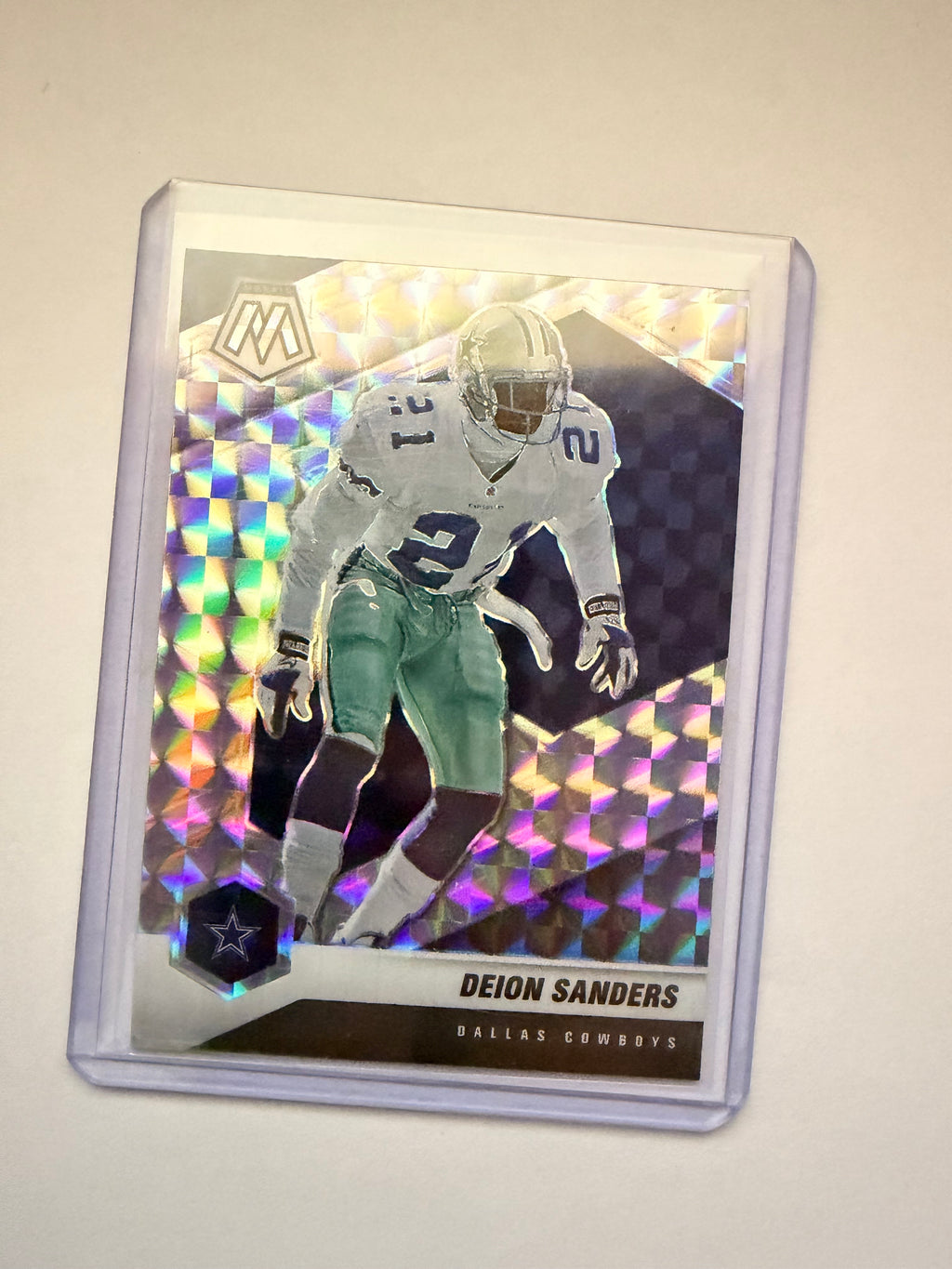 2021 Panini Mosaic Deion Sanders Silver Mosaic – Dallas Cowboys. HOF cornerback parallel with strong eye appeal.