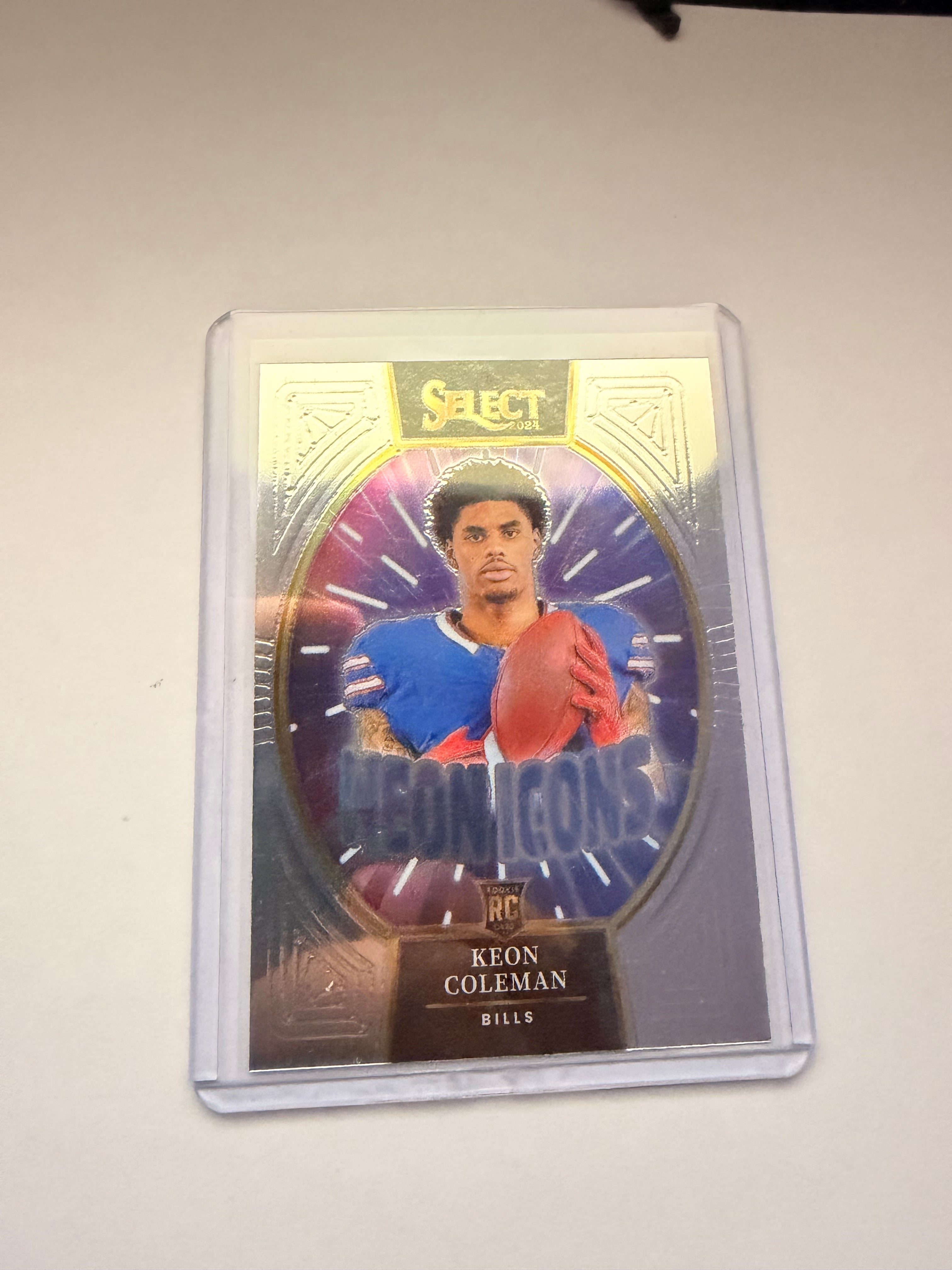 2024 Panini Select Keon Coleman “Neon Icons” RC Insert – Buffalo Bills. Eye-catching rookie insert from Select.
