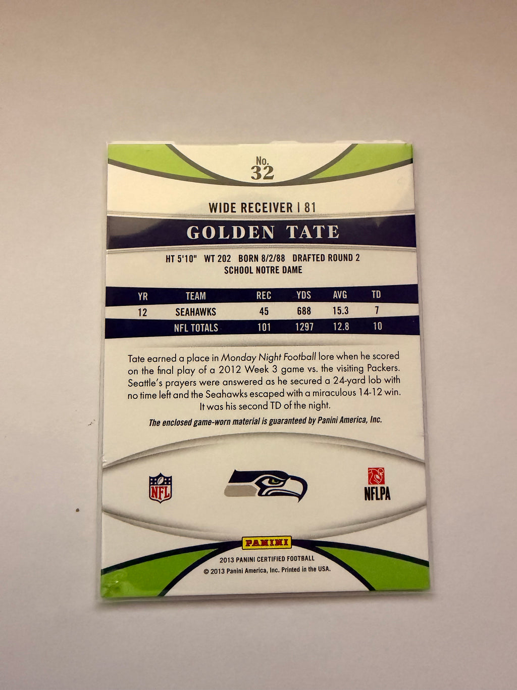 2013 Panini Certified Golden Tate Blue Mirror Materials /99 – Seattle Seahawks game-worn patch.
