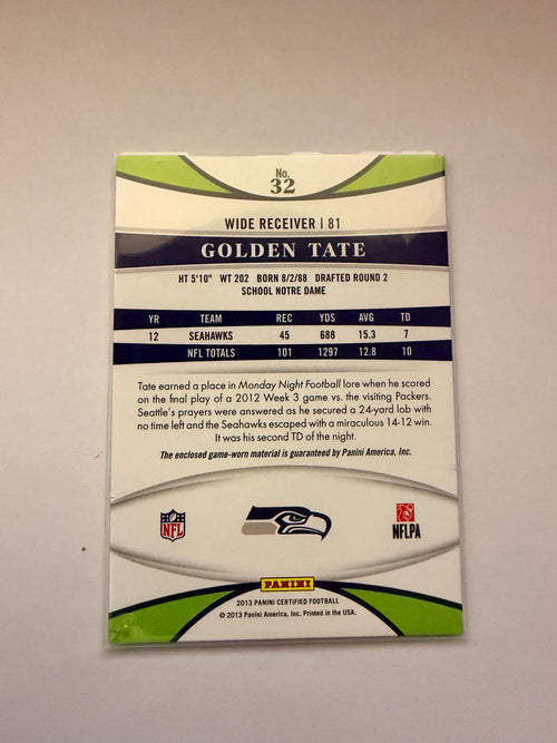 2013 Panini Certified Golden Tate Blue Mirror Materials /99 – Seattle Seahawks game-worn patch.